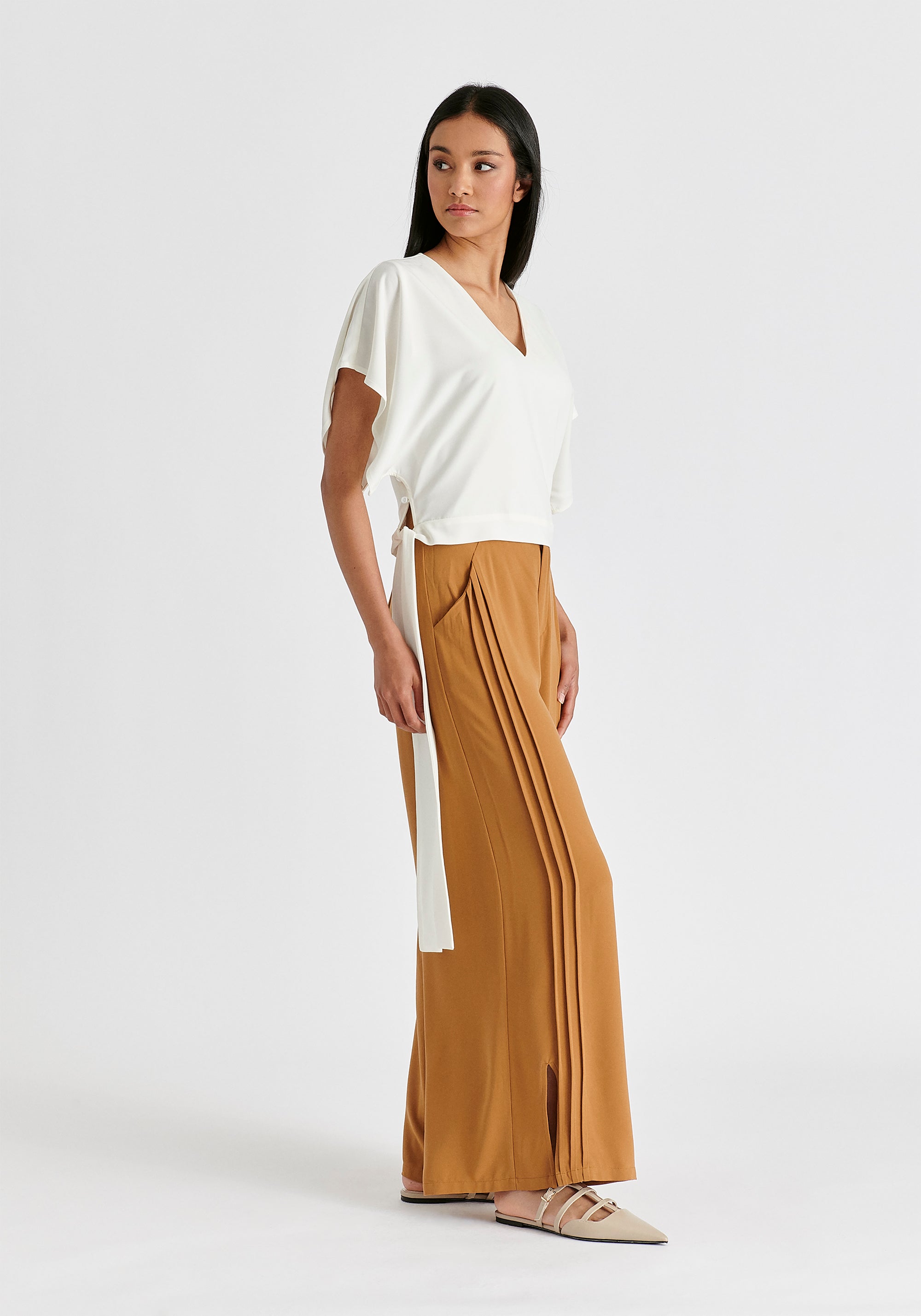 V-Neck Side Tie Top with Batwing Sleeves in White Side