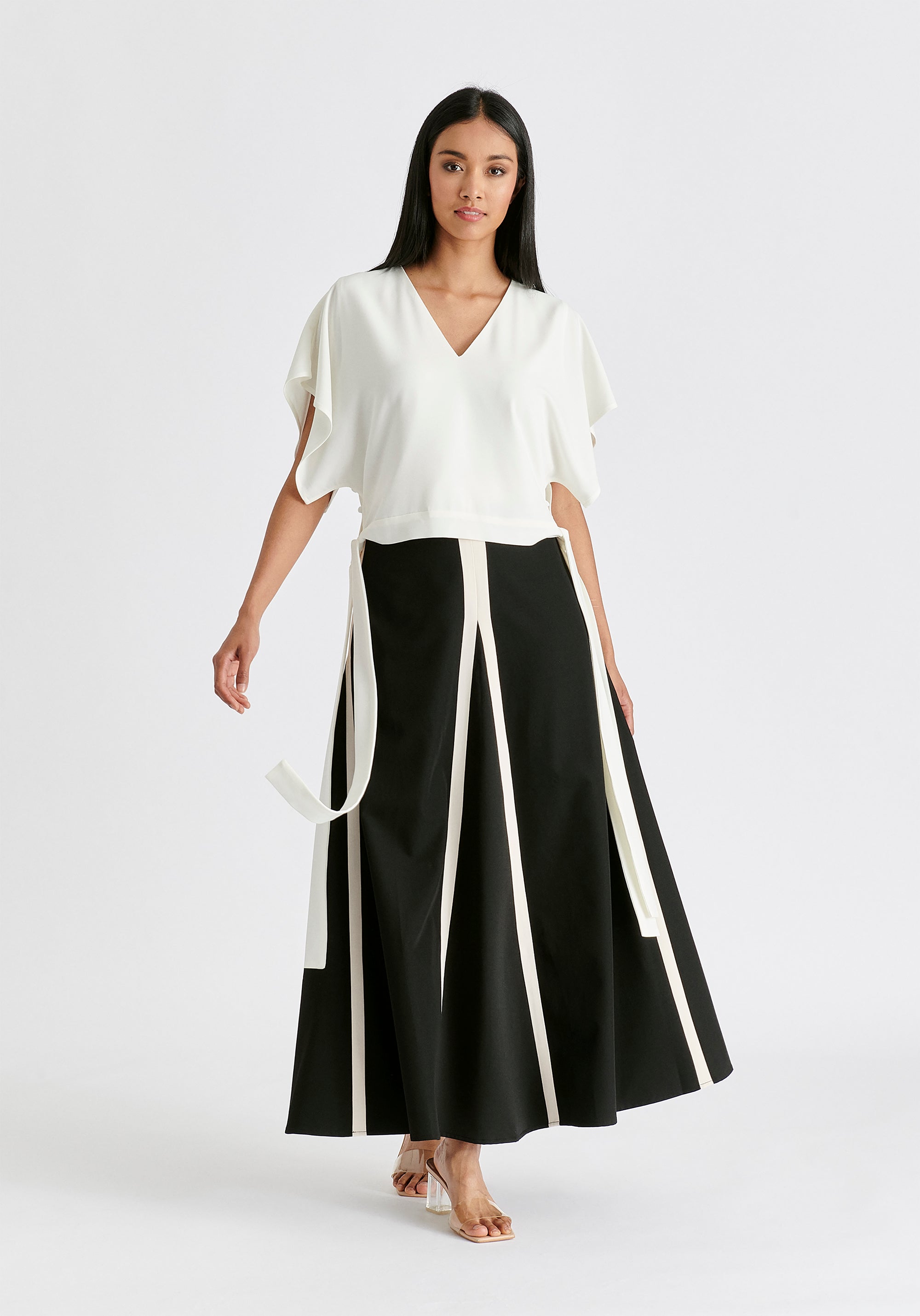 V-Neck Side Tie Top with Batwing Sleeves in White Front