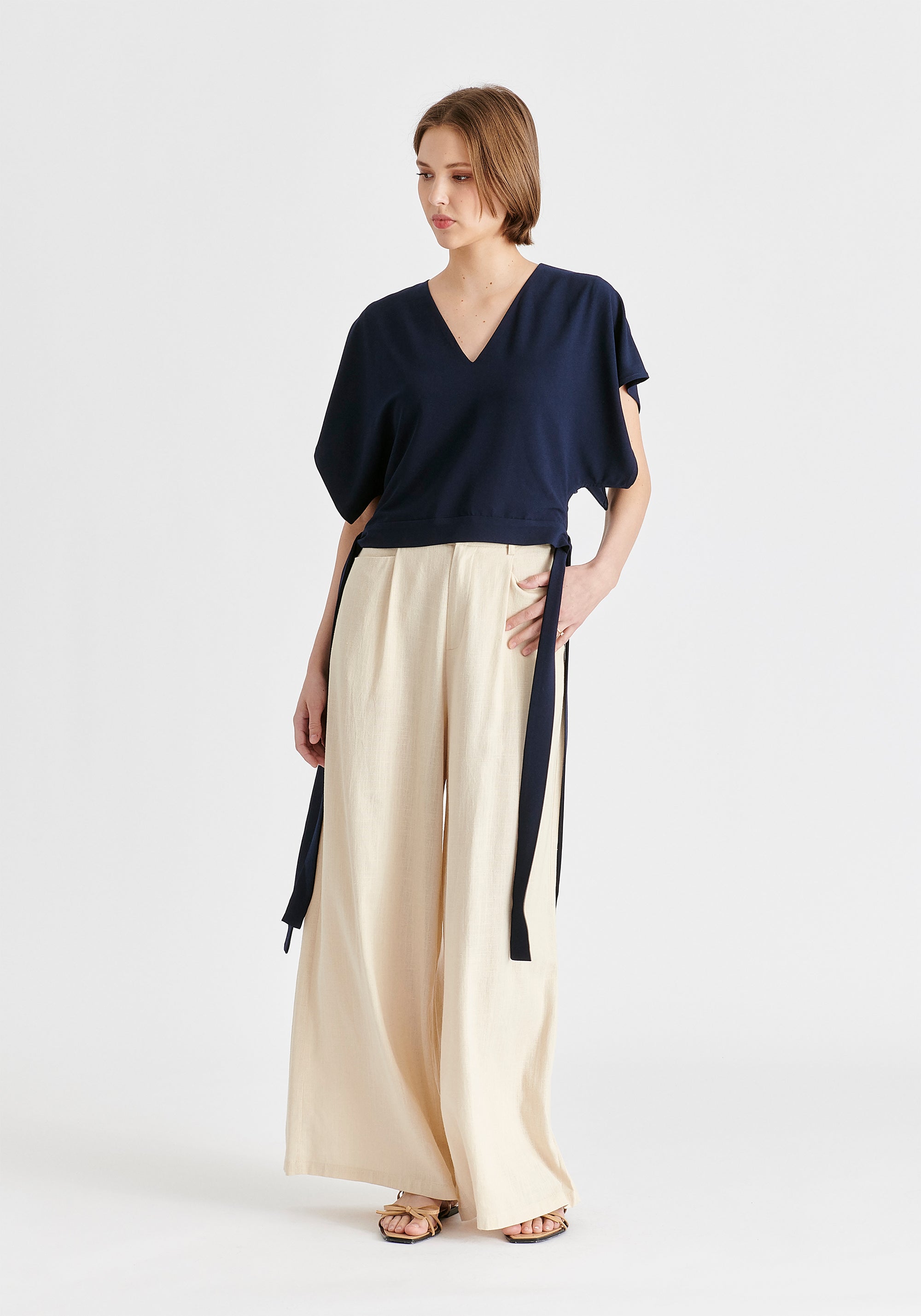V-Neck Side Tie Top with Batwing Sleeves in Navy Side