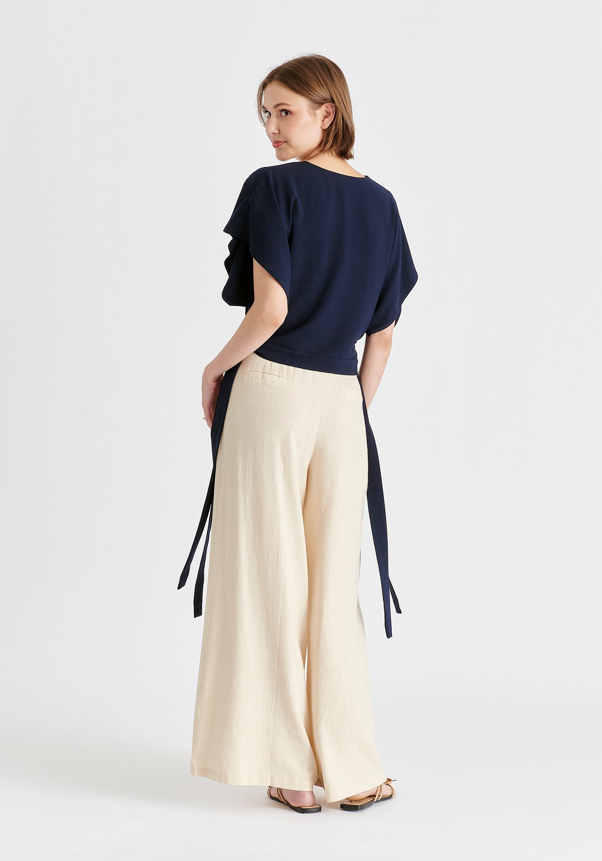 V-Neck Side Tie Top with Batwing Sleeves in Navy Back