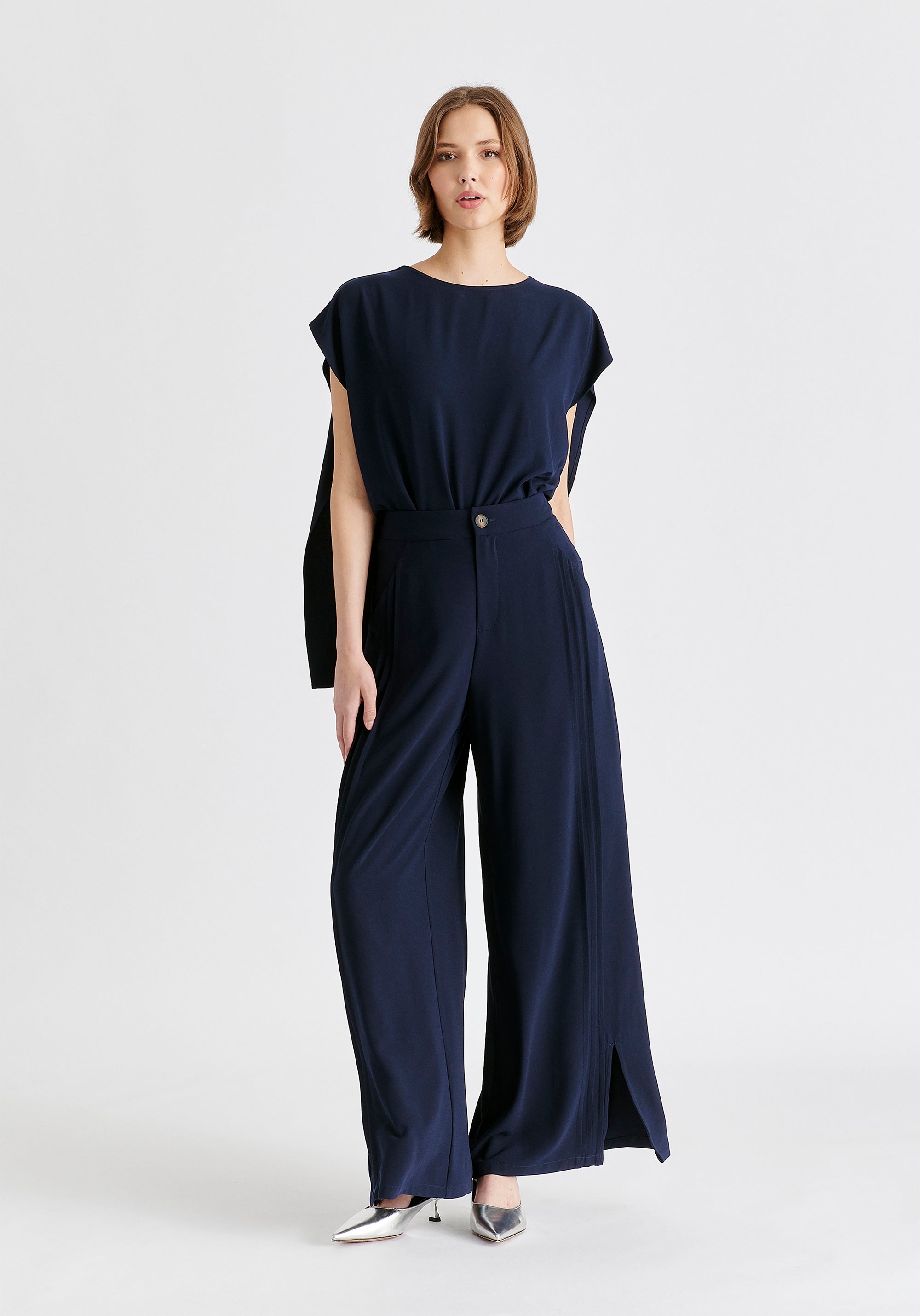Round Neck Cape Top with Belt in Navy Front