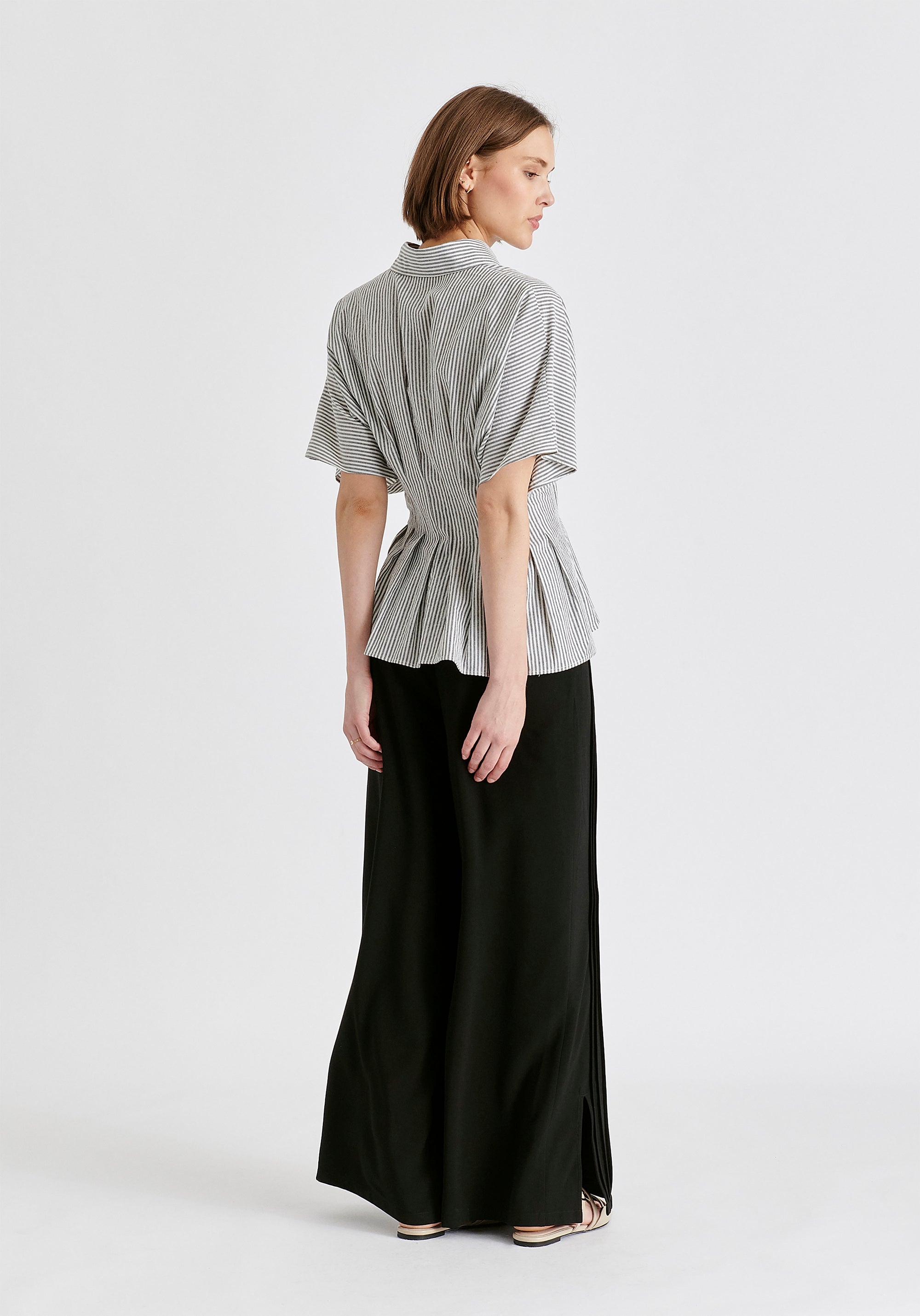 Striped Shirt with Waist Pleats in White and Black Back