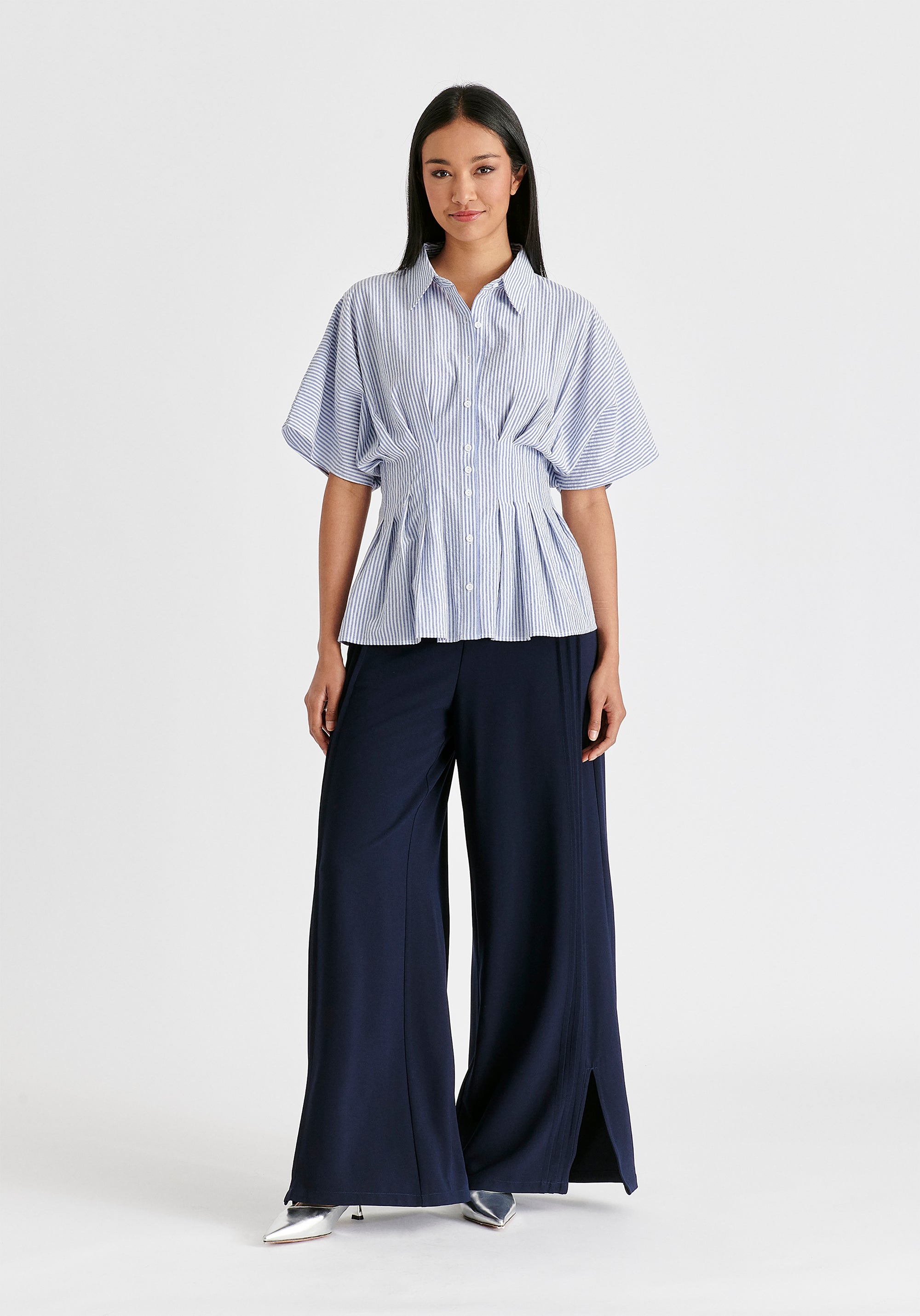 Striped Shirt with Waist Pleats in White and Blue