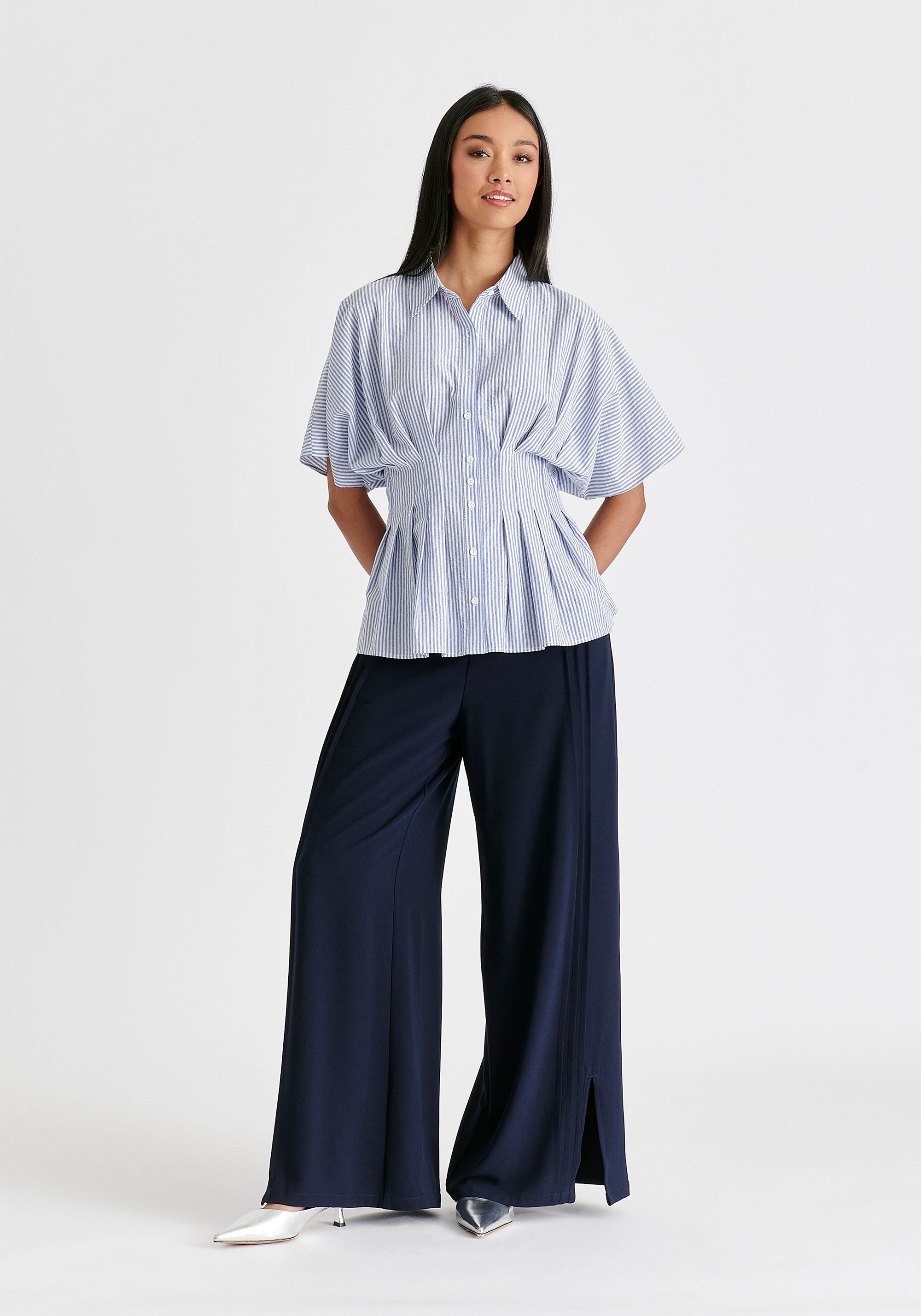 Striped Shirt with Waist Pleats in White and Blue Front