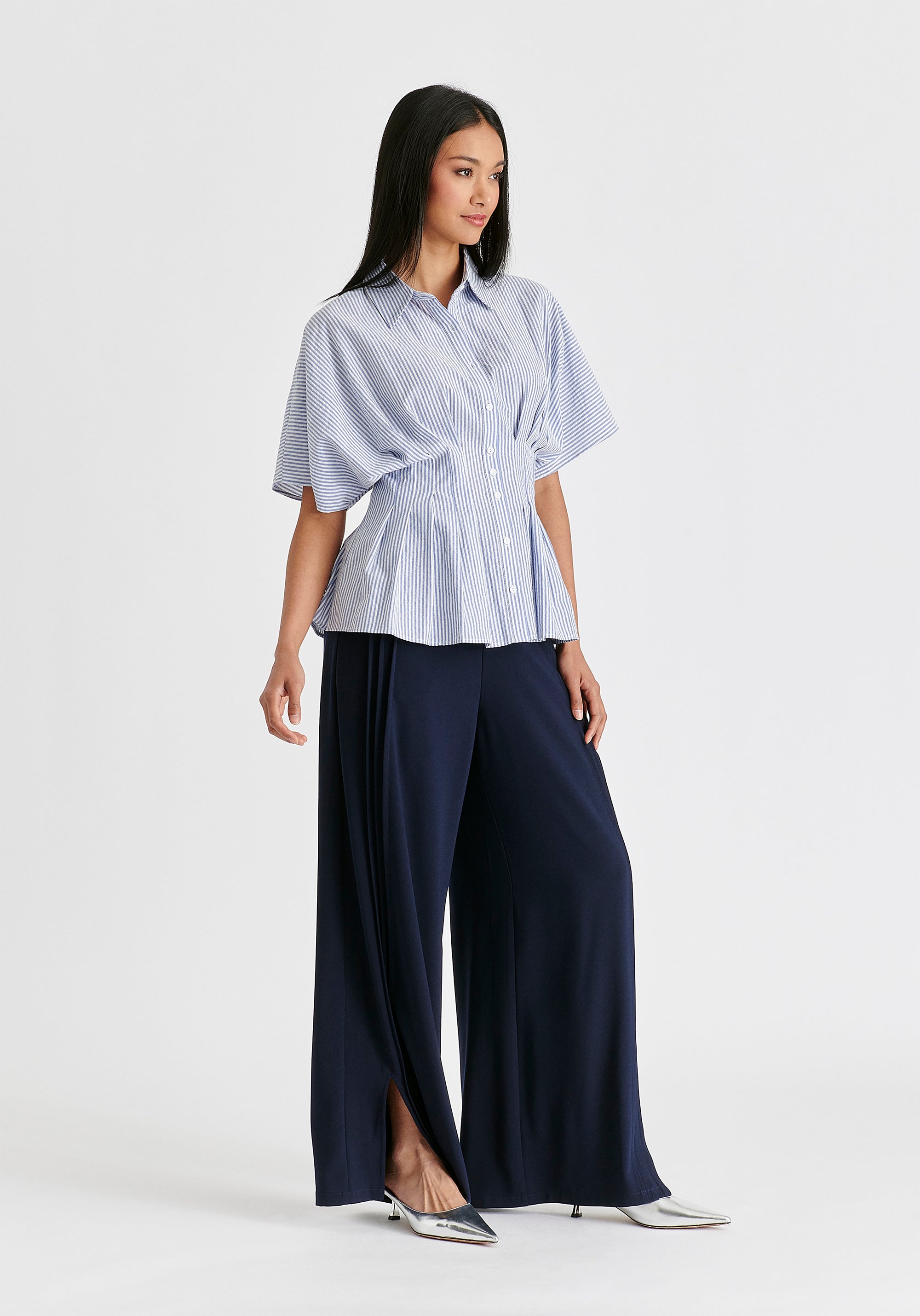 Striped Shirt with Waist Pleats in White and Blue Side