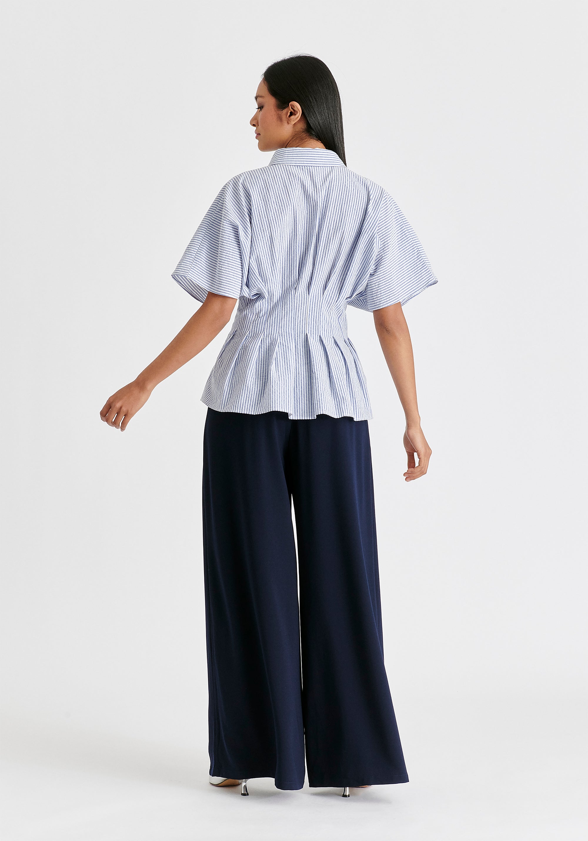 Striped Shirt with Waist Pleats in White and Blue Back