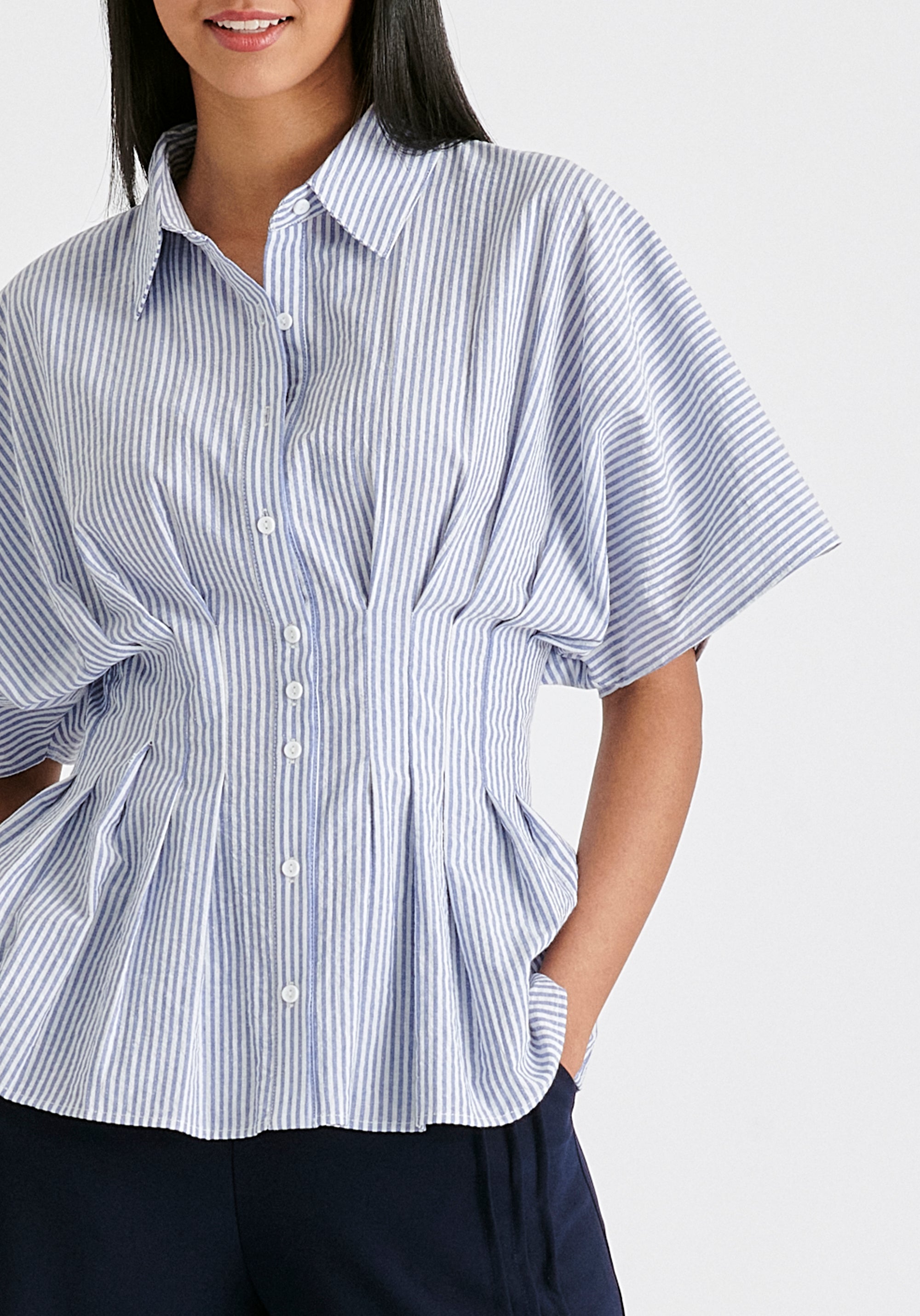 Striped Shirt with Waist Pleats in White and Blue Closeup
