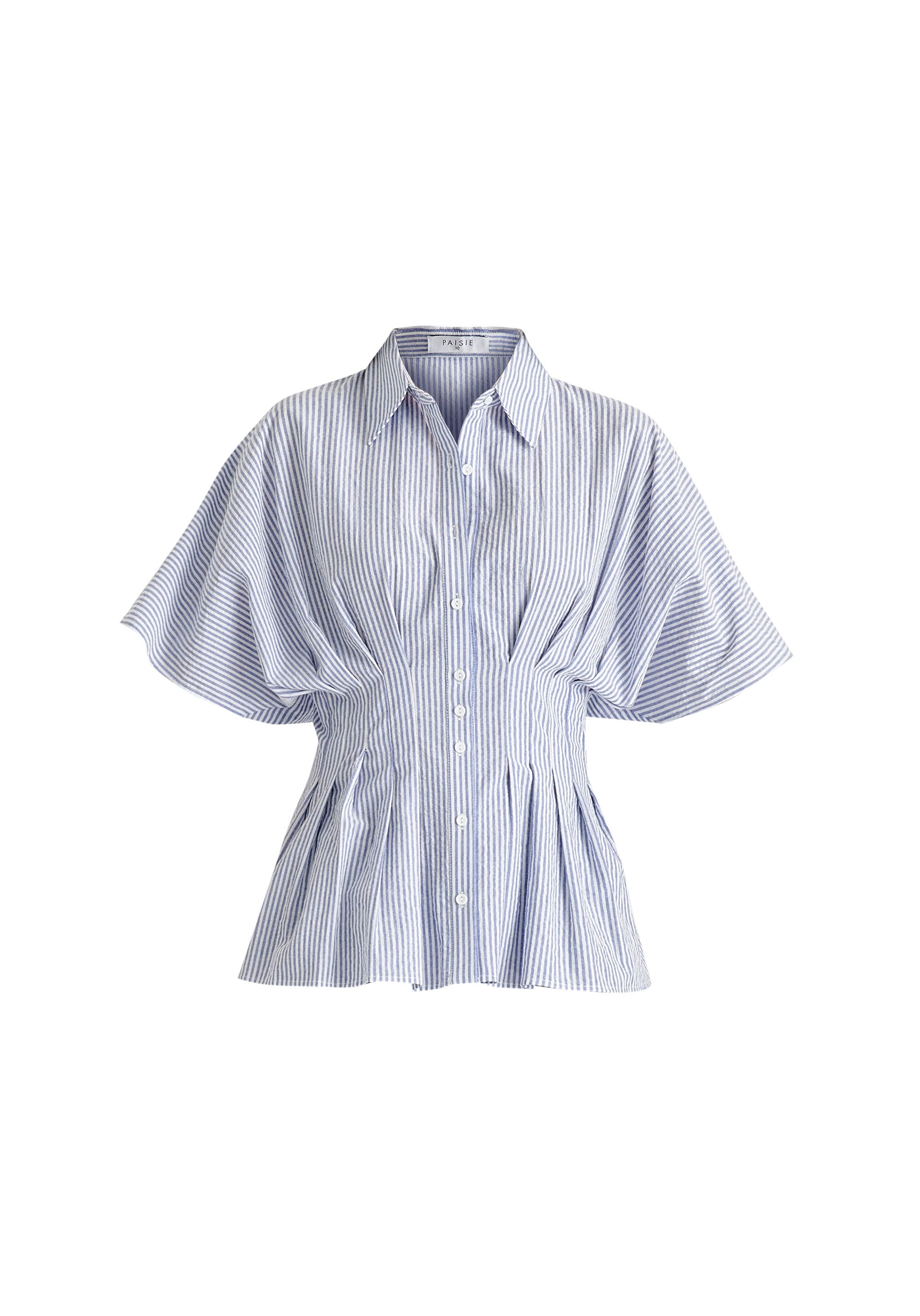 Striped Shirt with Waist Pleats in White and Blue Cutout