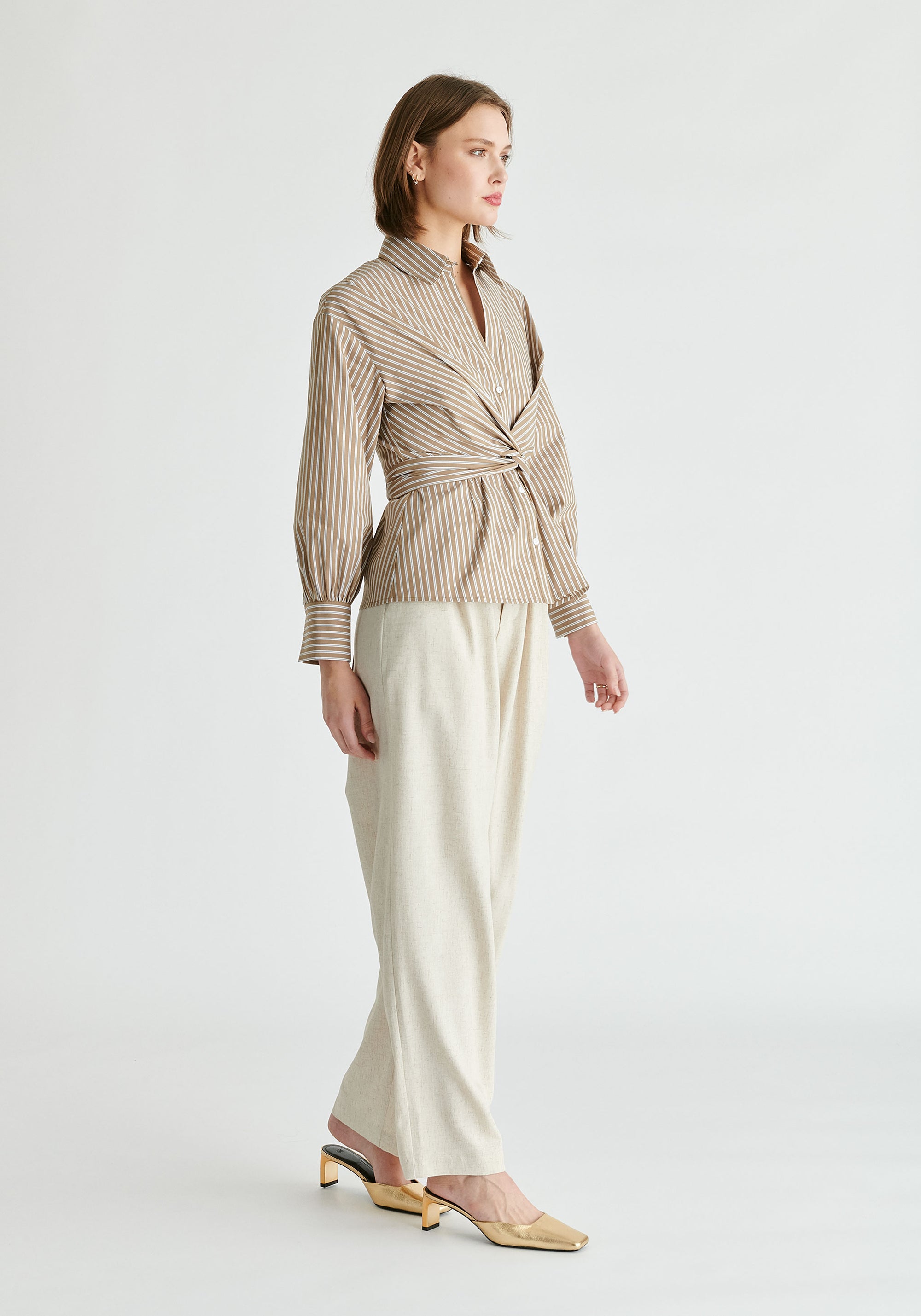 Wrap Tie Waist Shirt in Khaki Stripes Side