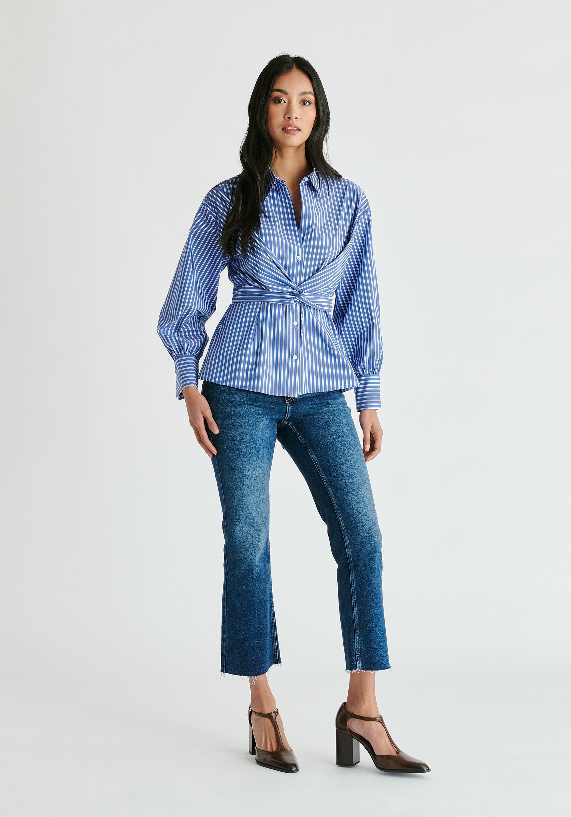 Wrap Tie Waist Shirt in Blue Stripes Front