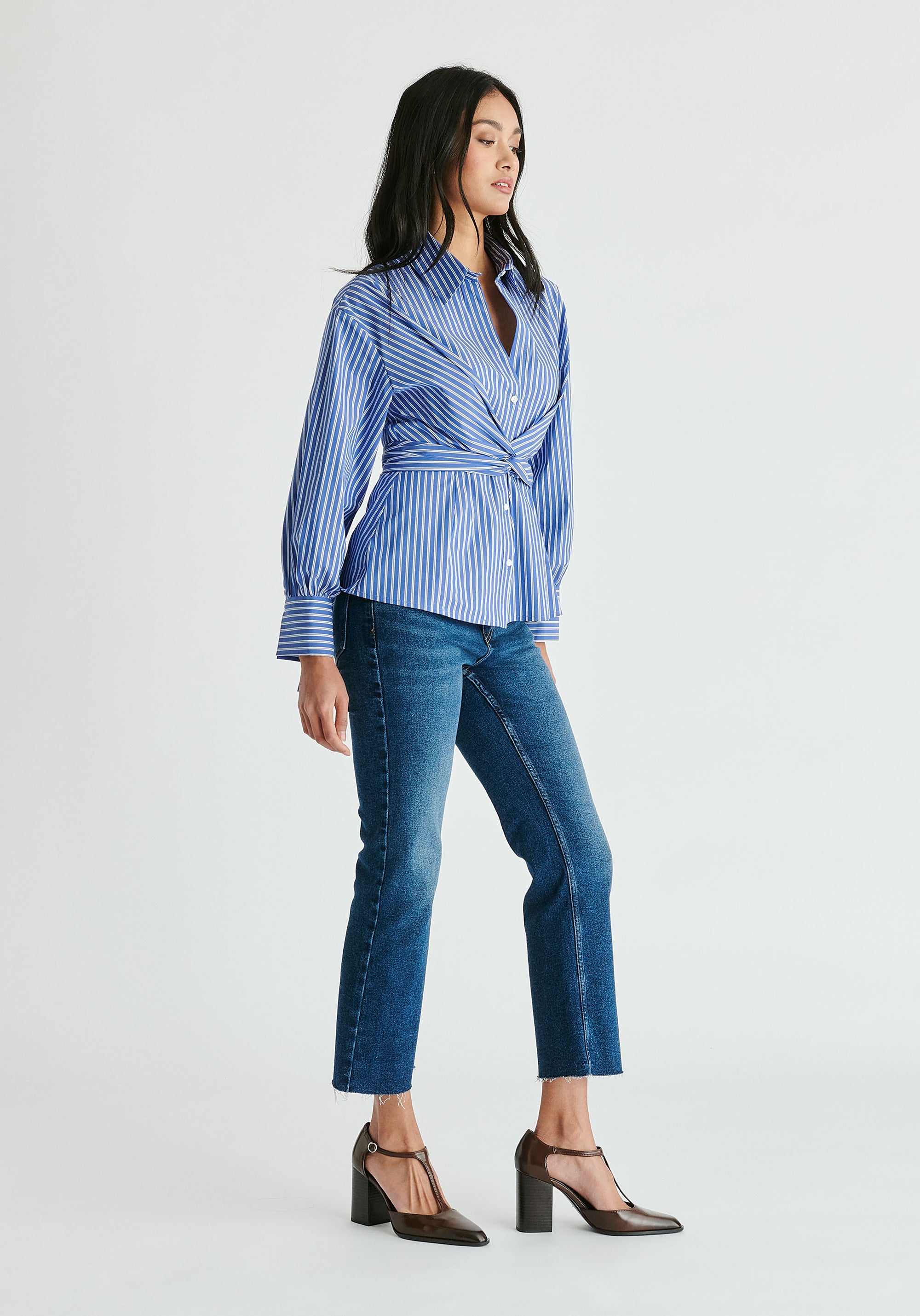 Wrap Tie Waist Shirt in Blue Stripes Side