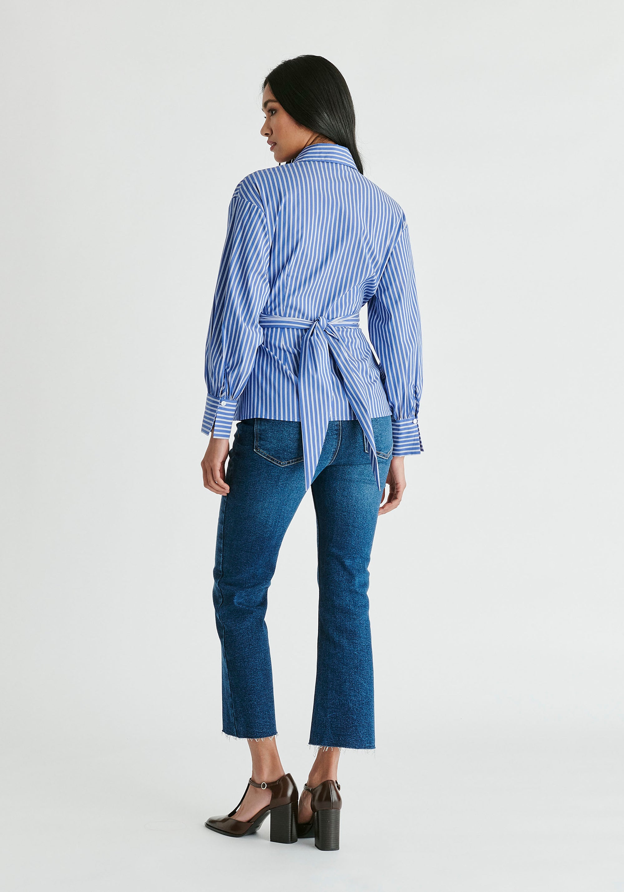 Wrap Tie Waist Shirt in Blue Stripes Back