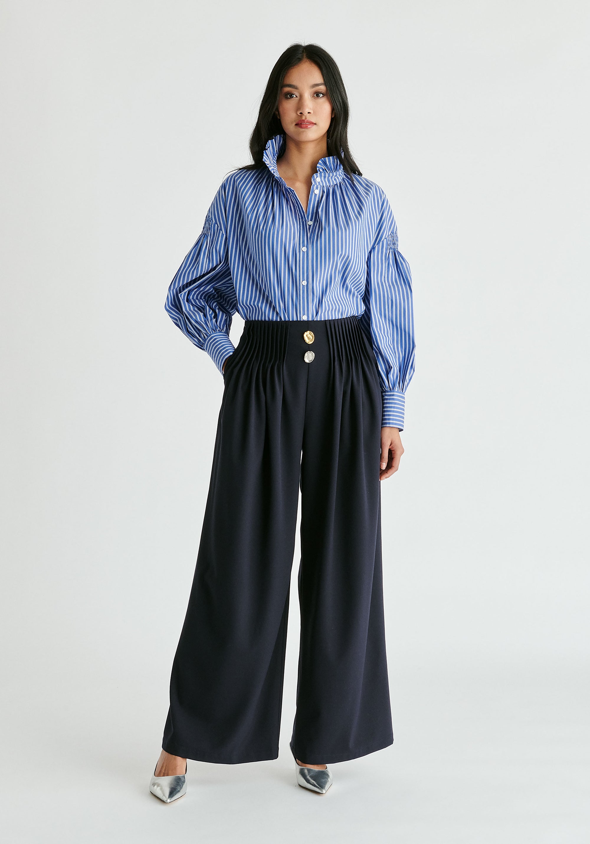 Puff Sleeve Shirt with Ruffled Collar in Blue Stripes Front