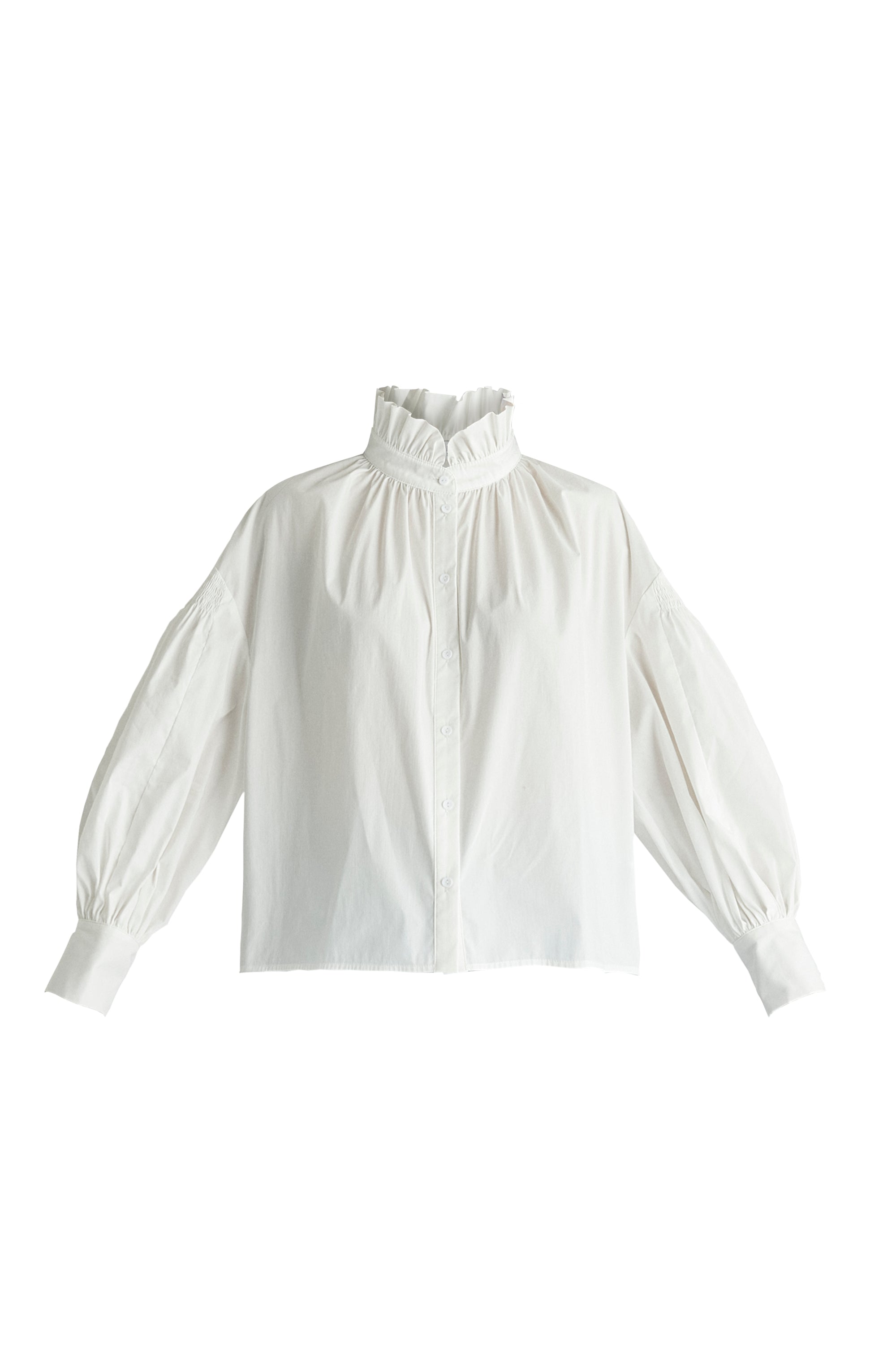 Puff Sleeve Shirt with Ruffled Collar in White Cutout