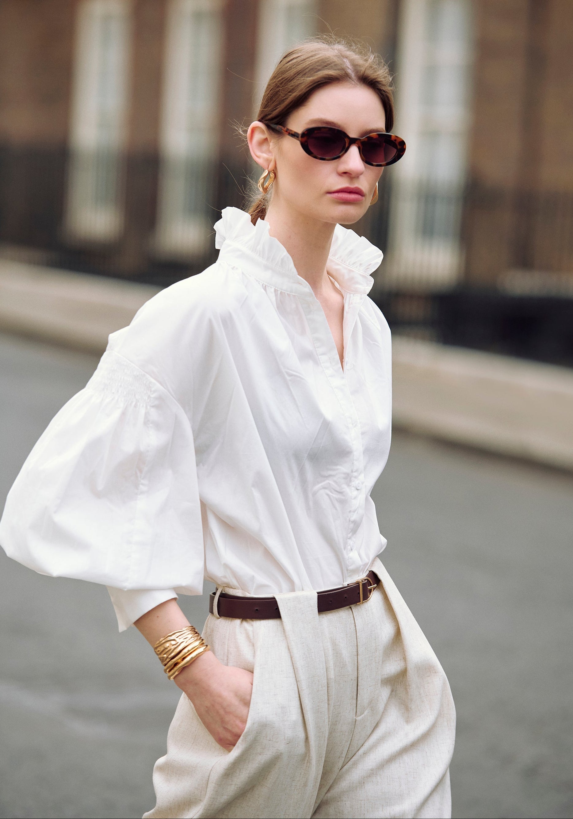 Puff Sleeve Shirt with Ruffled Collar in White Photoshoot