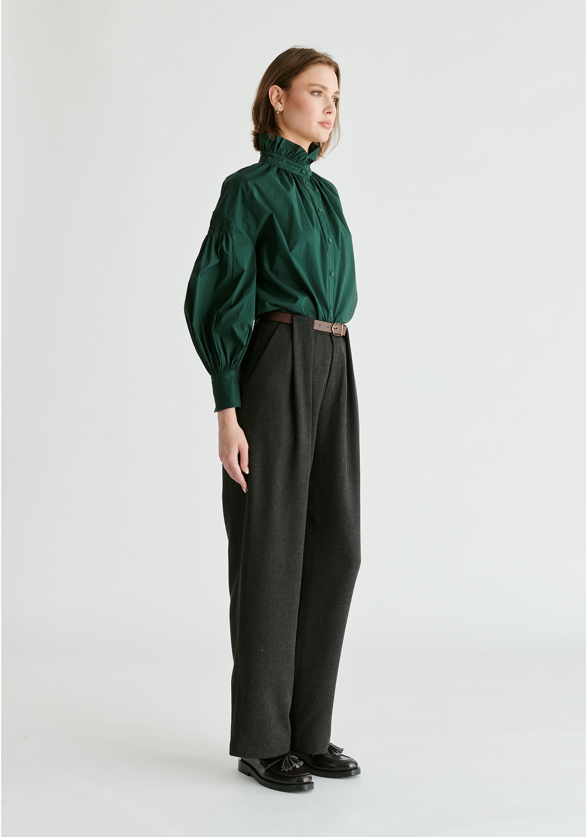 Puff Sleeve Shirt with Ruffled Collar in Dark Green Side
