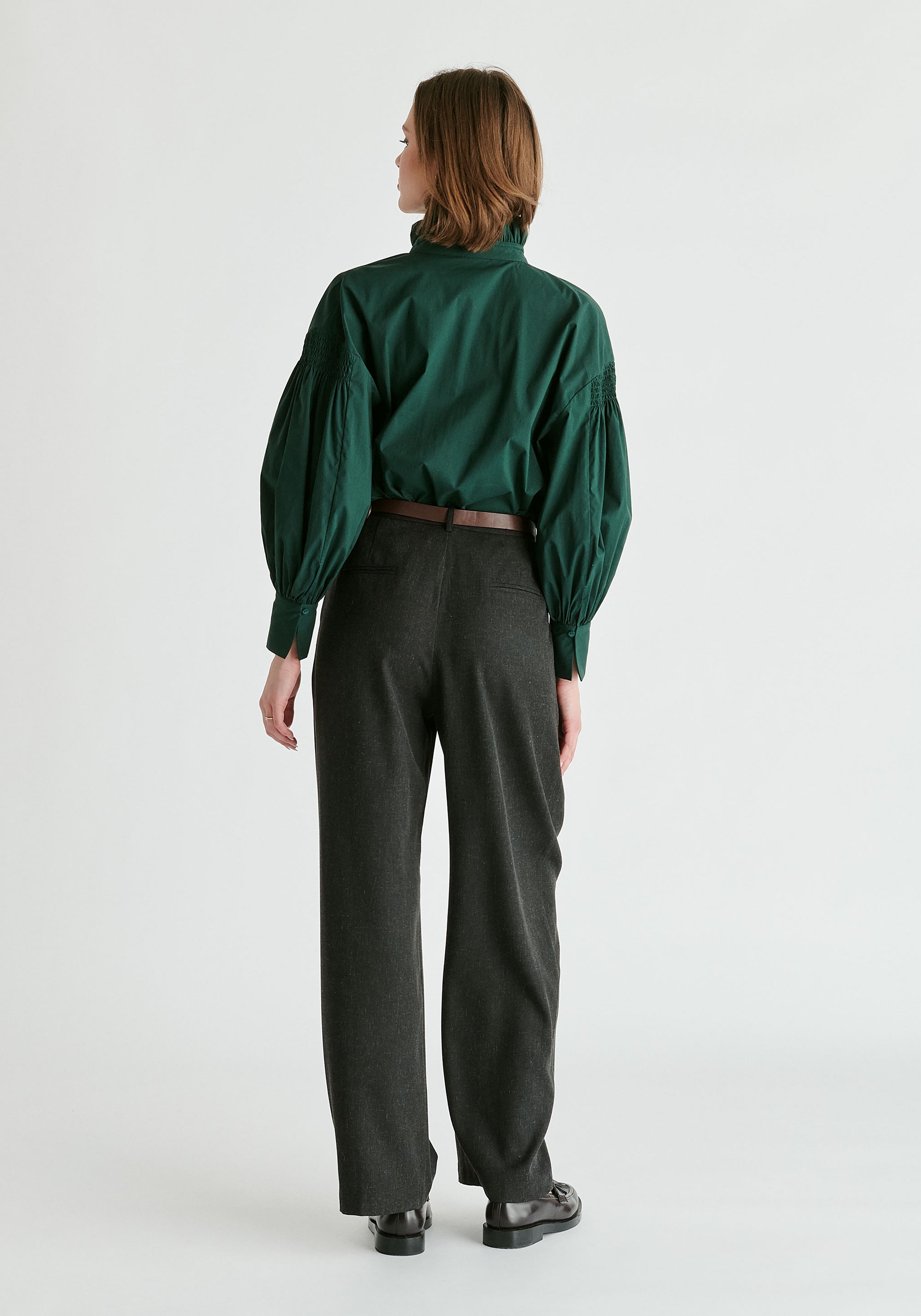 Puff Sleeve Shirt with Ruffled Collar in Dark Green Back