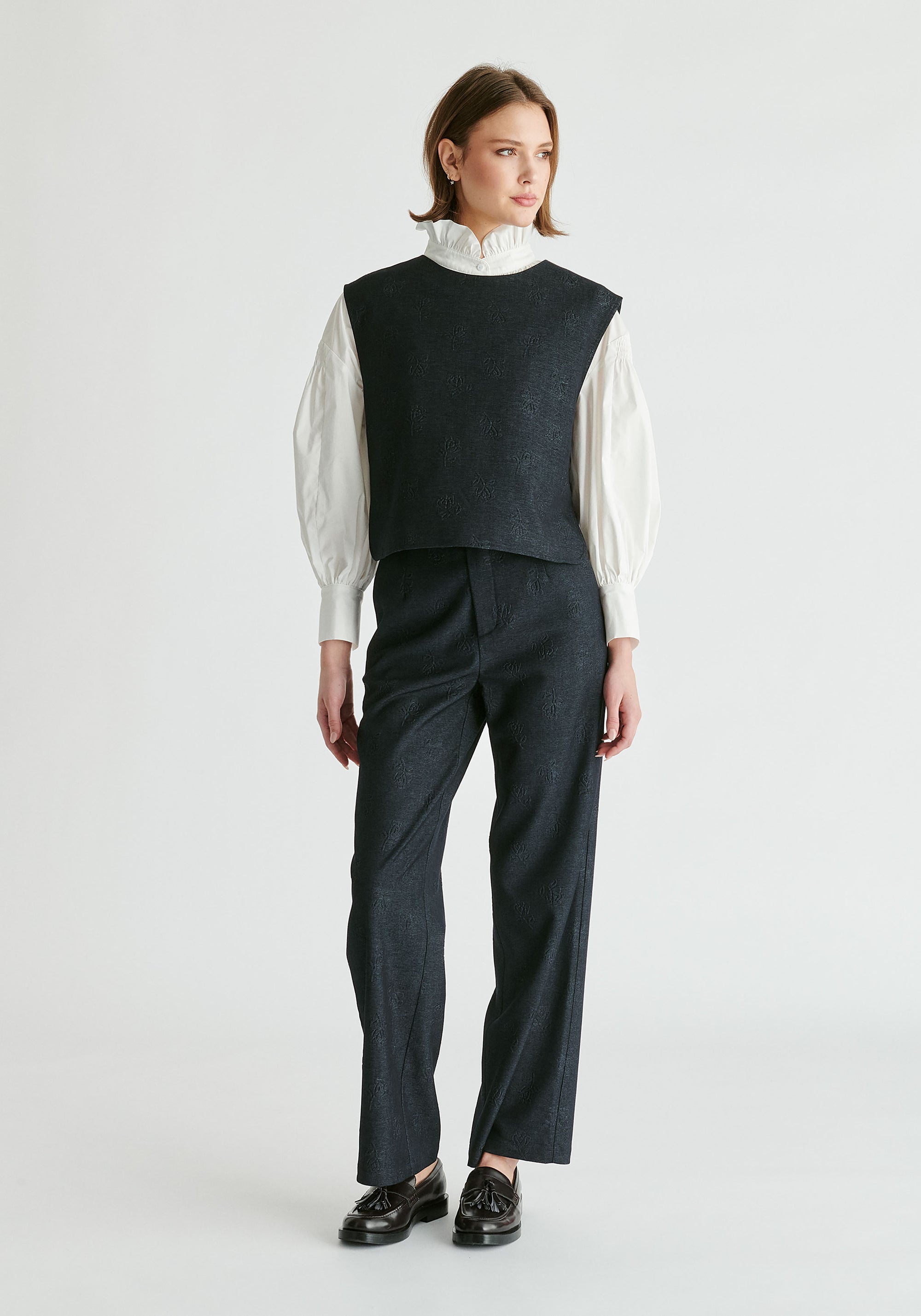Denim Effect Top in Embossed Print in Dark Denim Blue Front