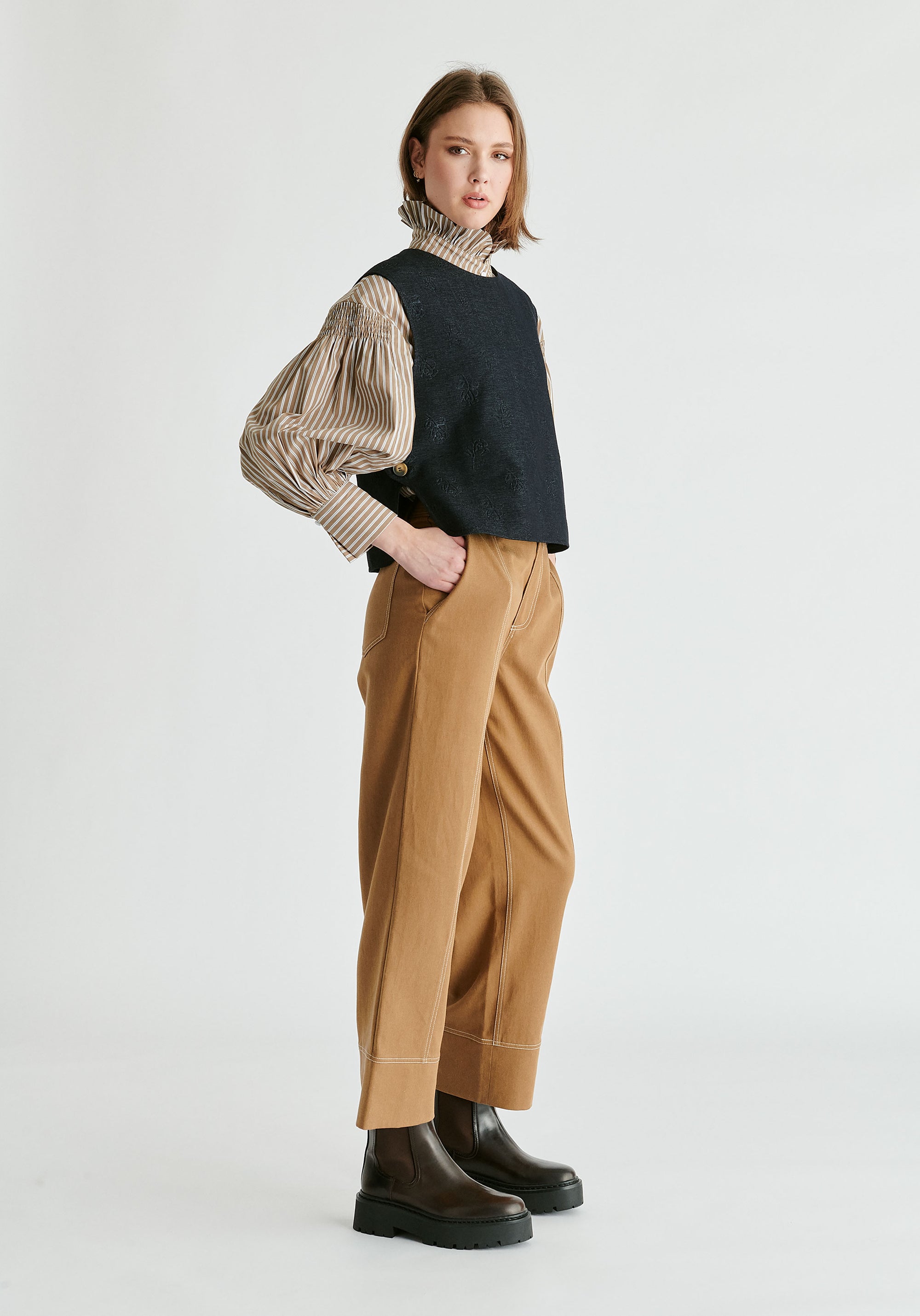 Denim Effect Top in Embossed Print in Dark Denim Blue Side