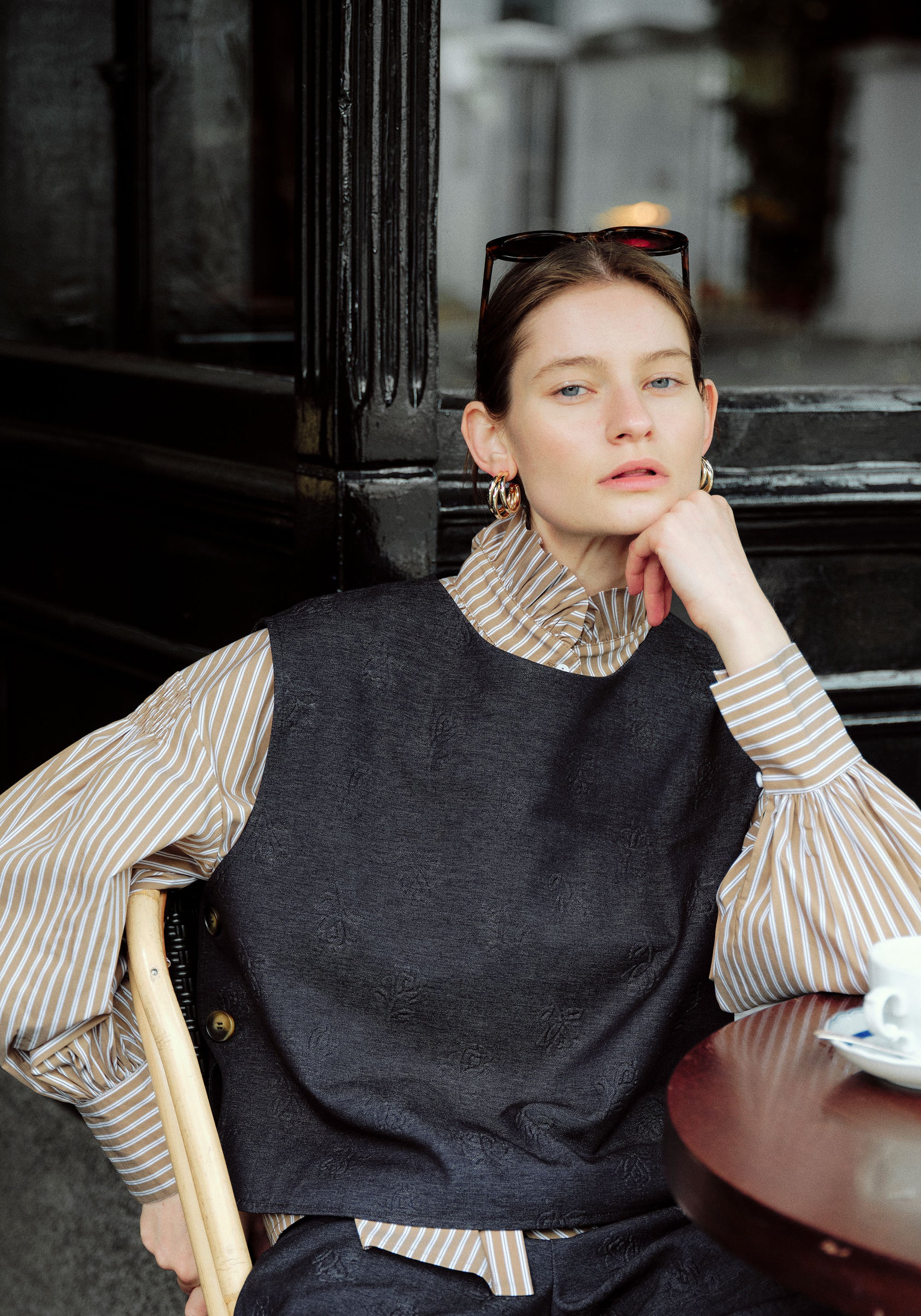 Denim Effect Top in Embossed Print in Dark Denim Blue Photoshoot