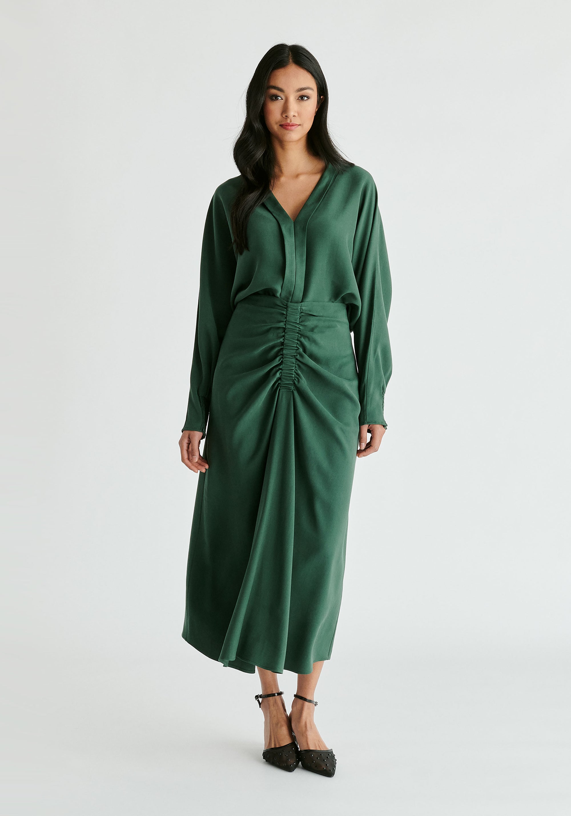V-Neck Batwing Blouse in Green Front