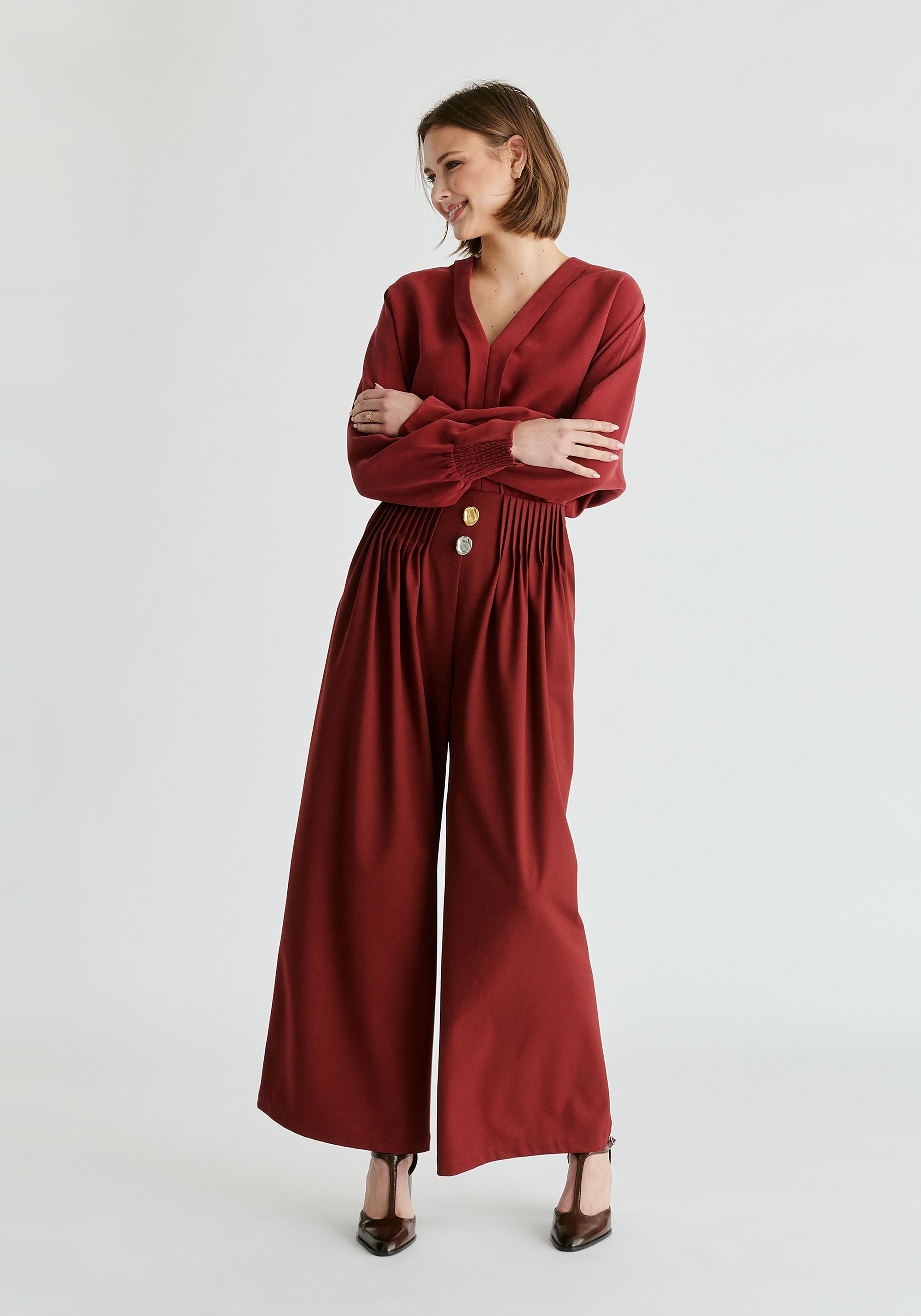 V-Neck Batwing Blouse in Burgundy Front
