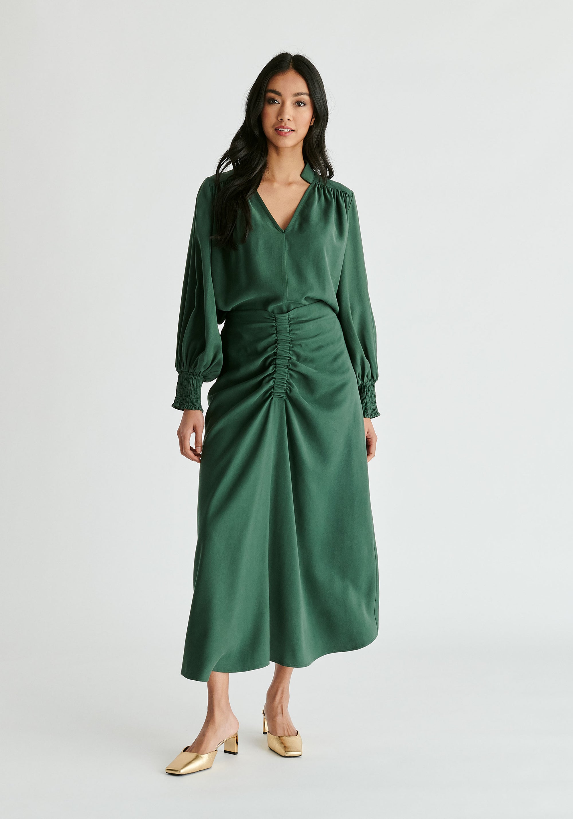 V-Neck Blouse with Gathered Detail in Green Front