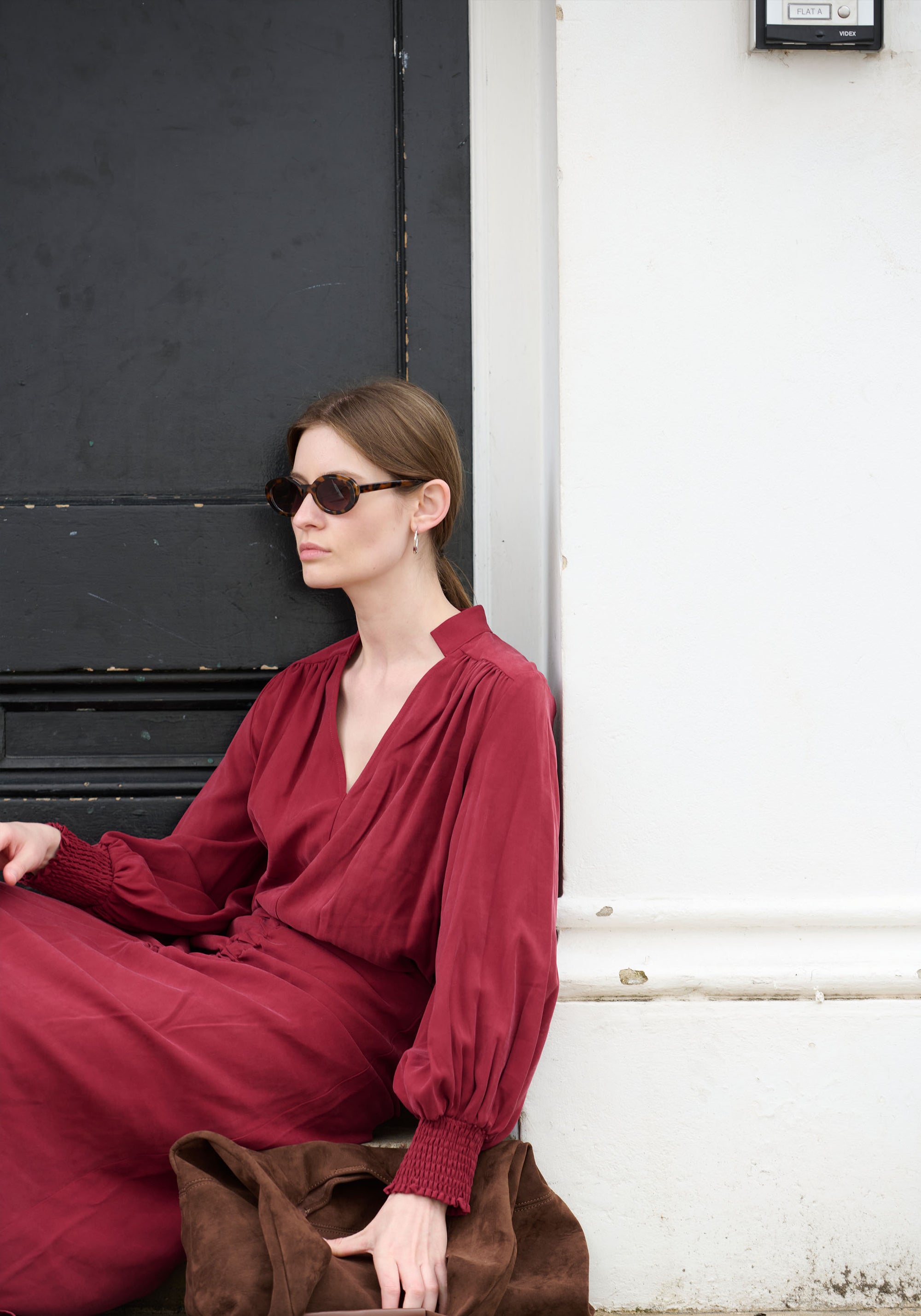 V-Neck Blouse with Gathered Detail in Burgundy Photoshoot