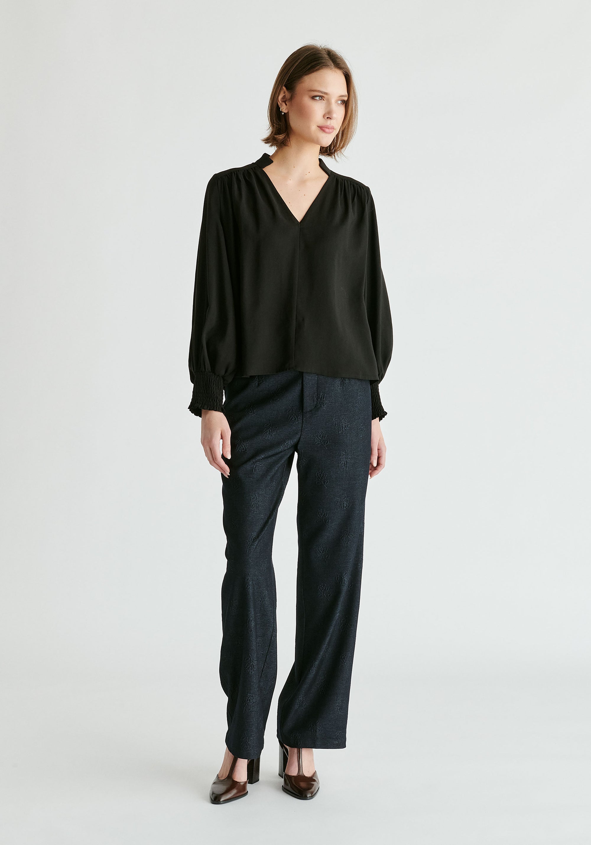 V-Neck Blouse with Gathered Detail in Black Front