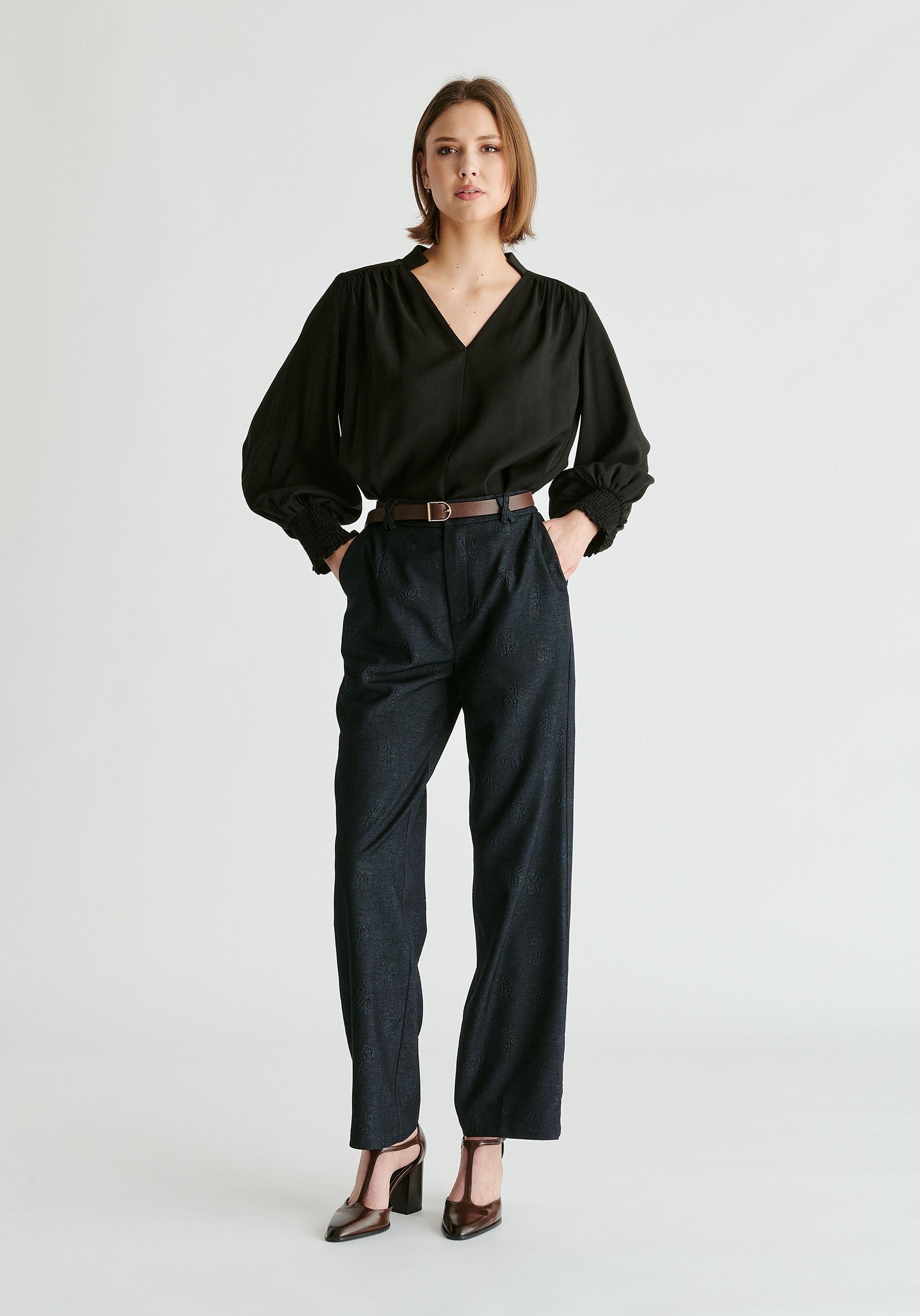 V-Neck Blouse with Gathered Detail in Black Front