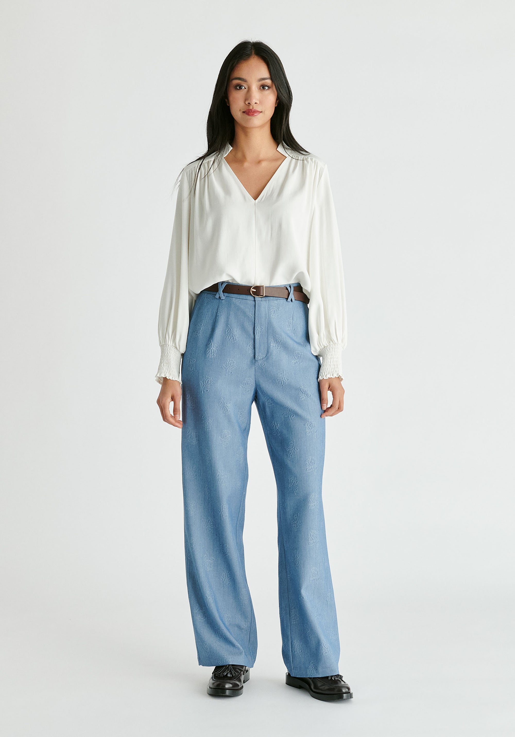 V-Neck Blouse with Gathered Detail in White