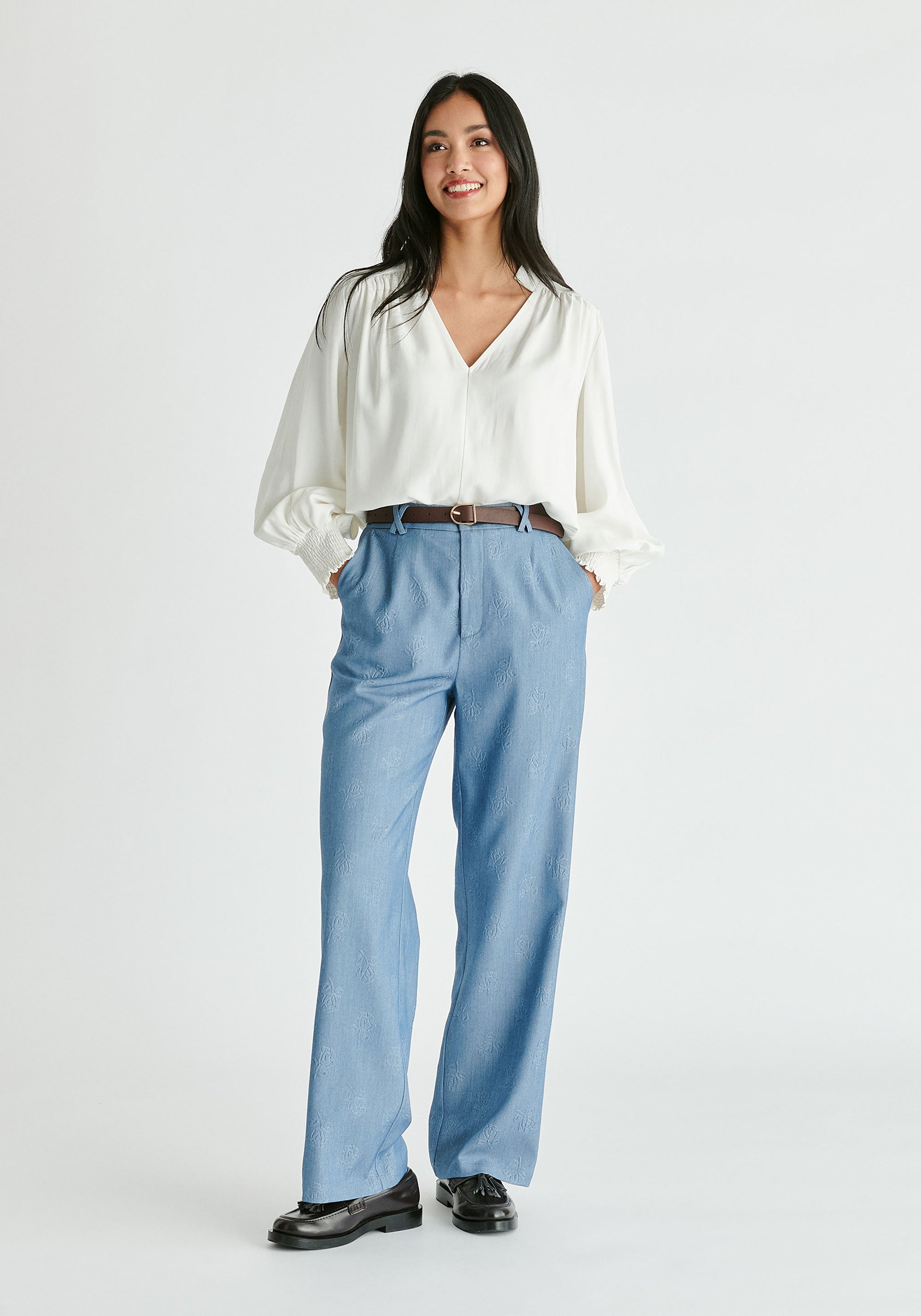 V-Neck Blouse with Gathered Detail in White Front