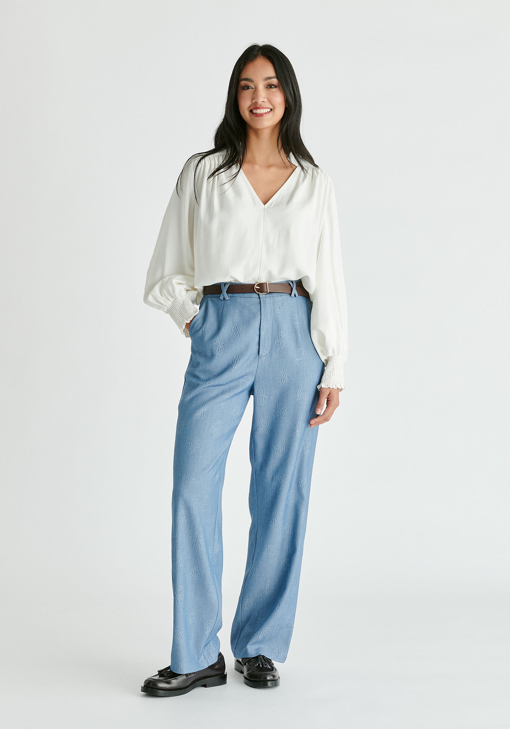 V-Neck Blouse with Gathered Detail in White Front