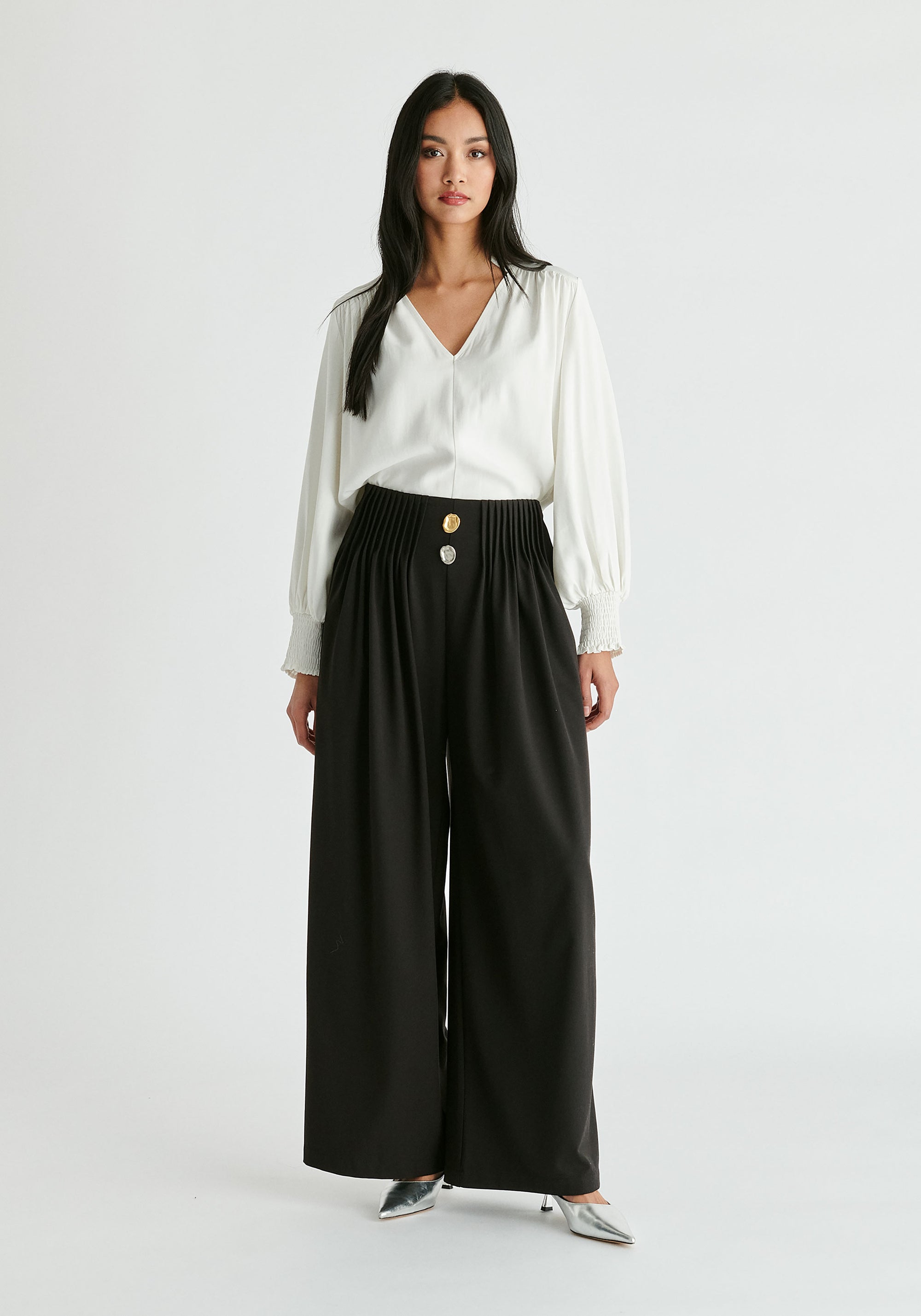 V-Neck Blouse with Gathered Detail in White Front