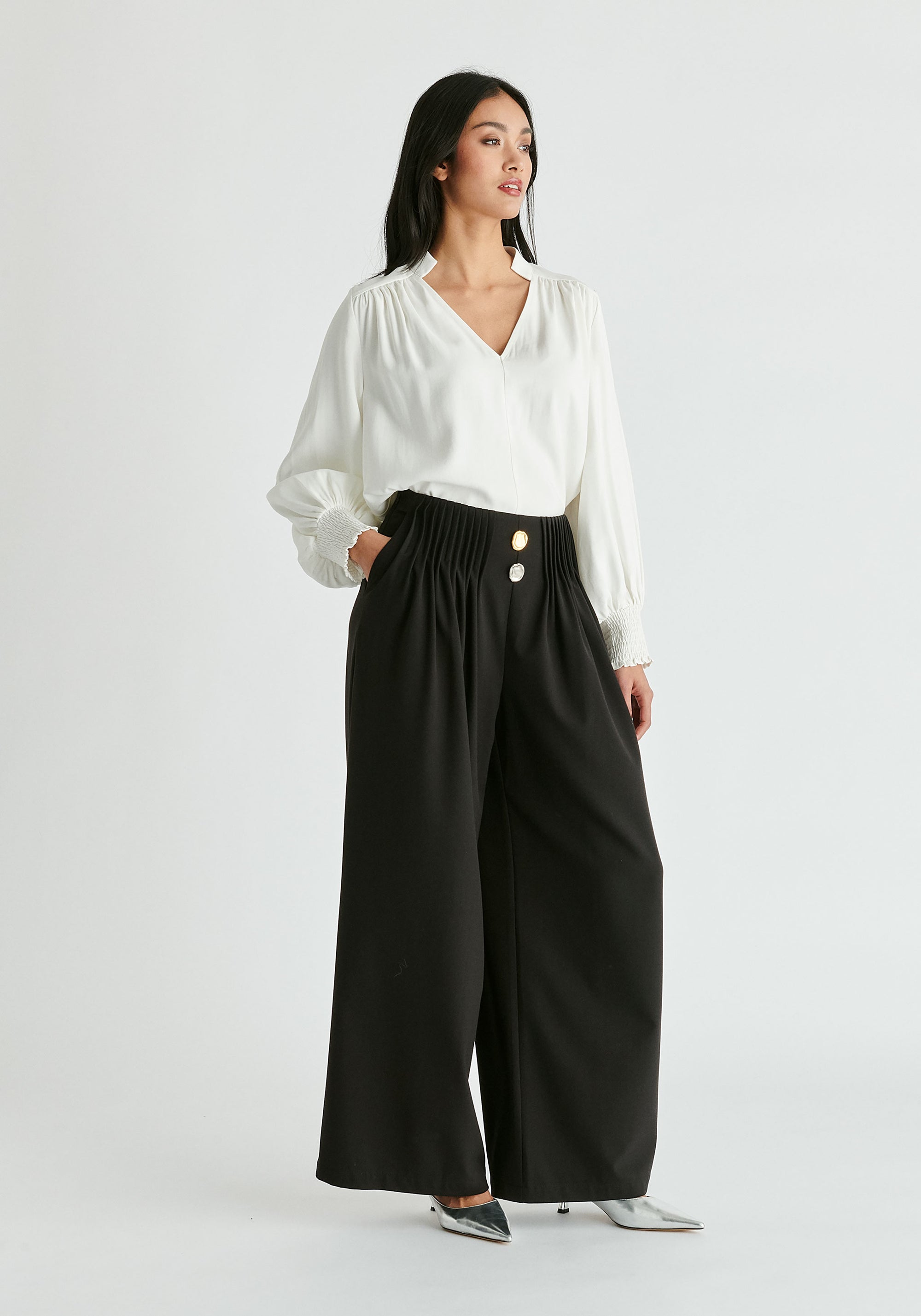 V-Neck Blouse with Gathered Detail in White Front