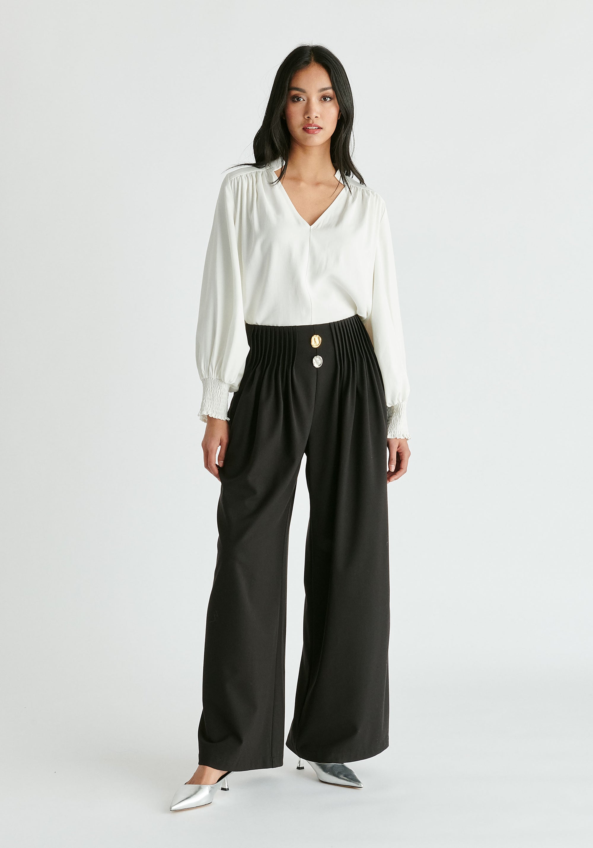 V-Neck Blouse with Gathered Detail in White Front