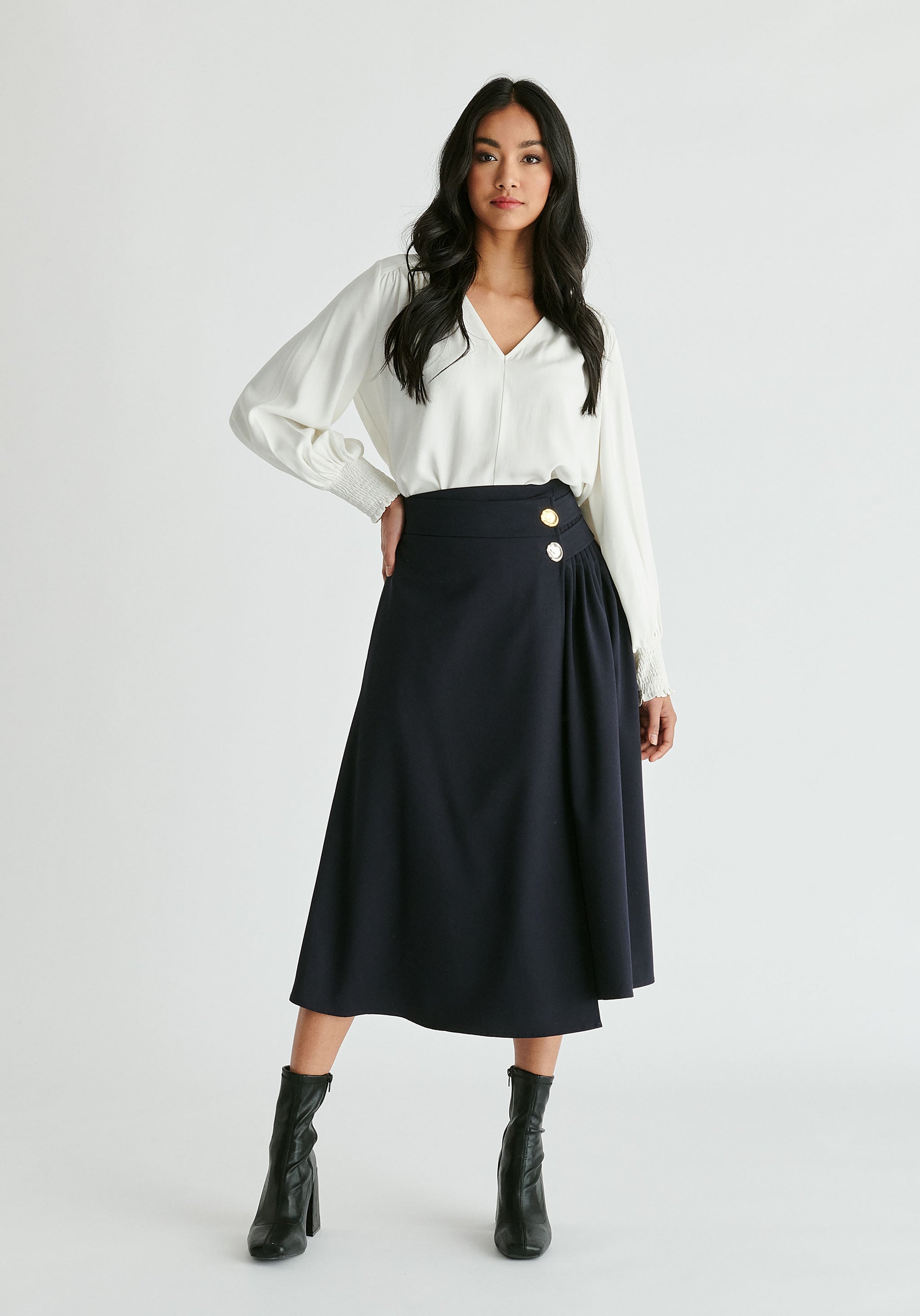 V-Neck Blouse with Gathered Detail in White Front
