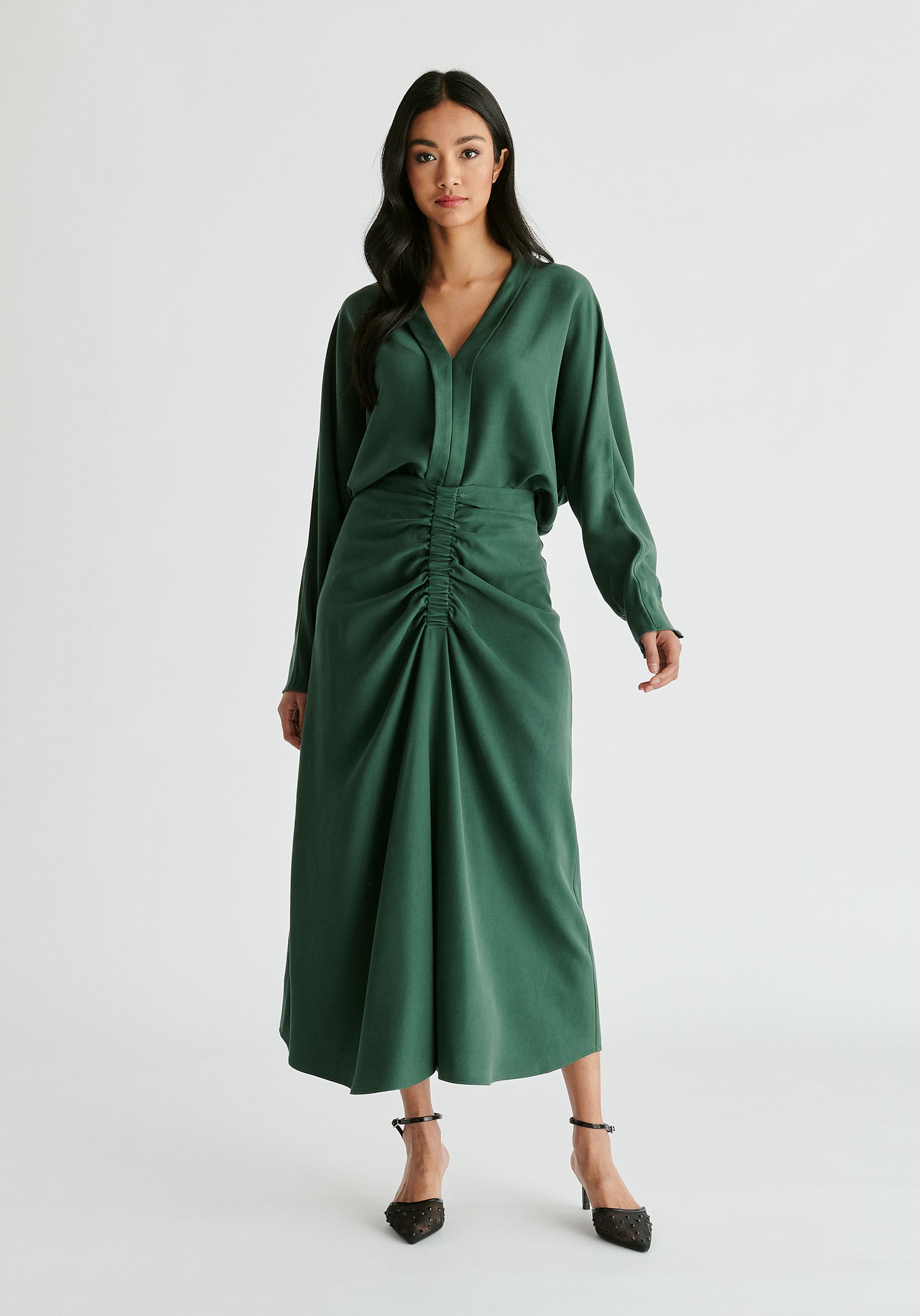 Ruched Front Midi Skirt in Green