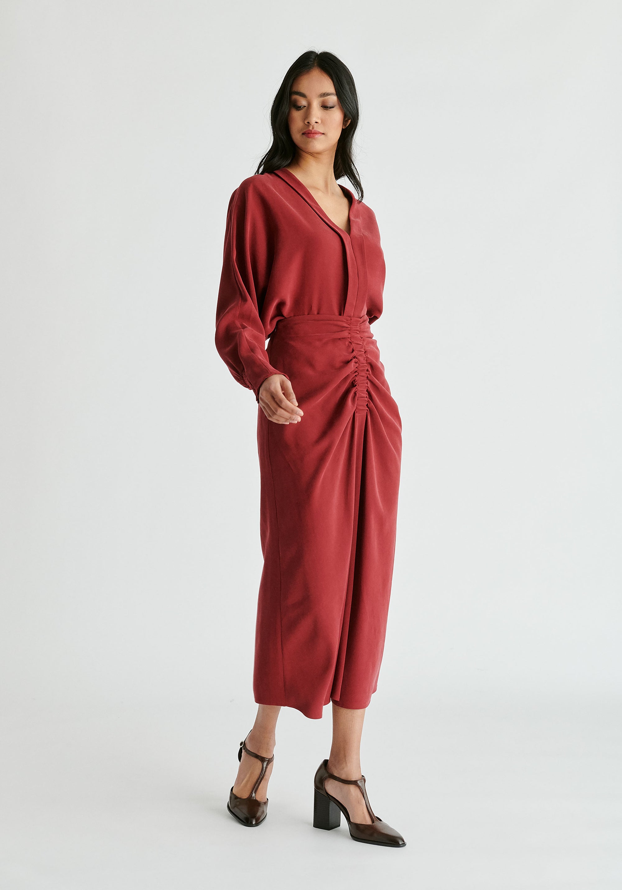 Ruched Front Midi Skirt in Burgundy Side