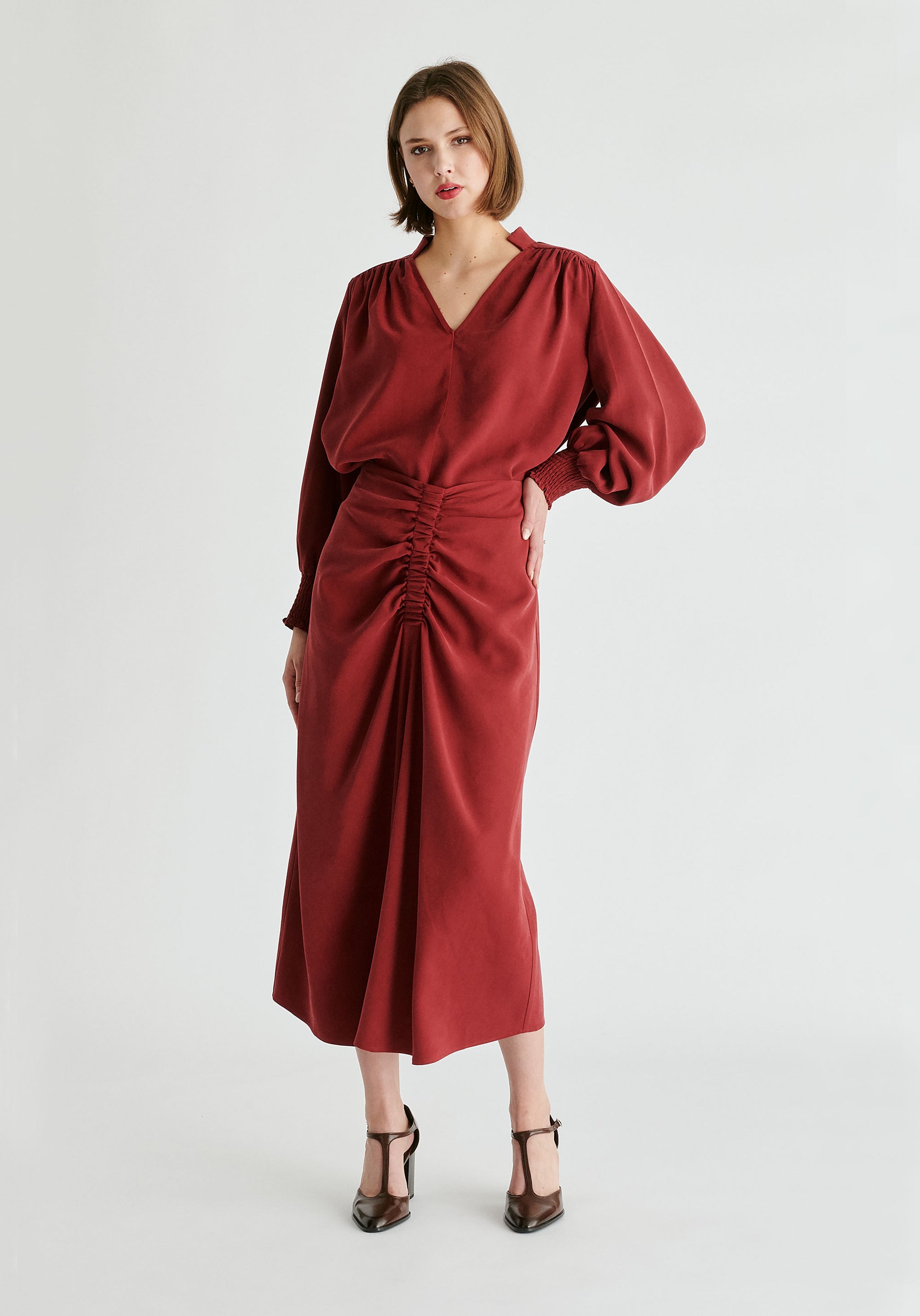 Ruched Front Midi Skirt in Burgundy Front