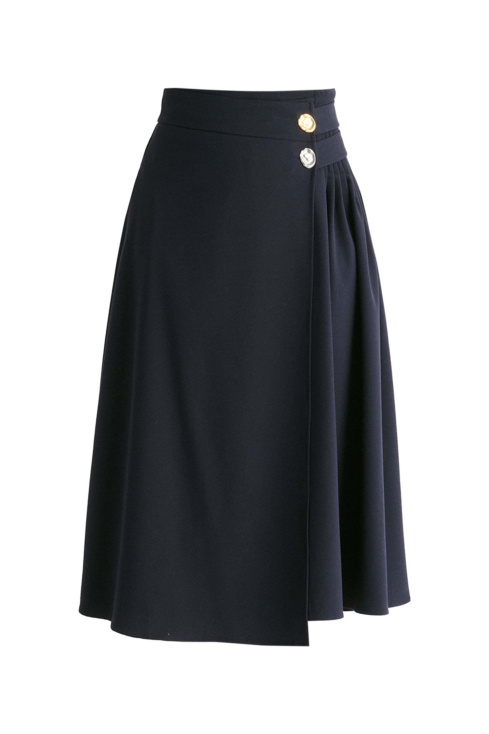Wrap Midi Skirt with Pleated Detail in Navy Cutout
