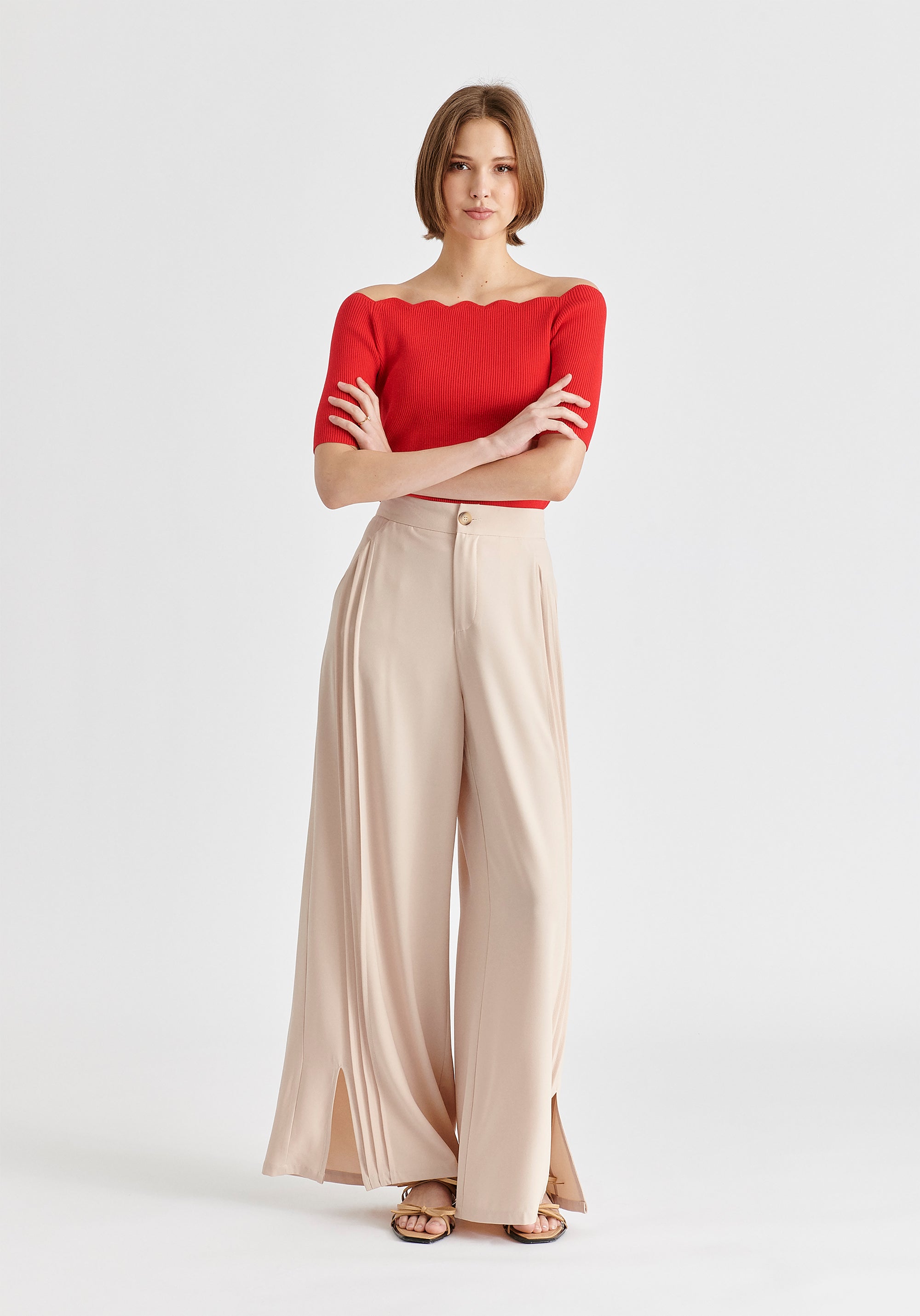 Wide Leg Trousers with Side Pleats and Split Hem In Taupe Front