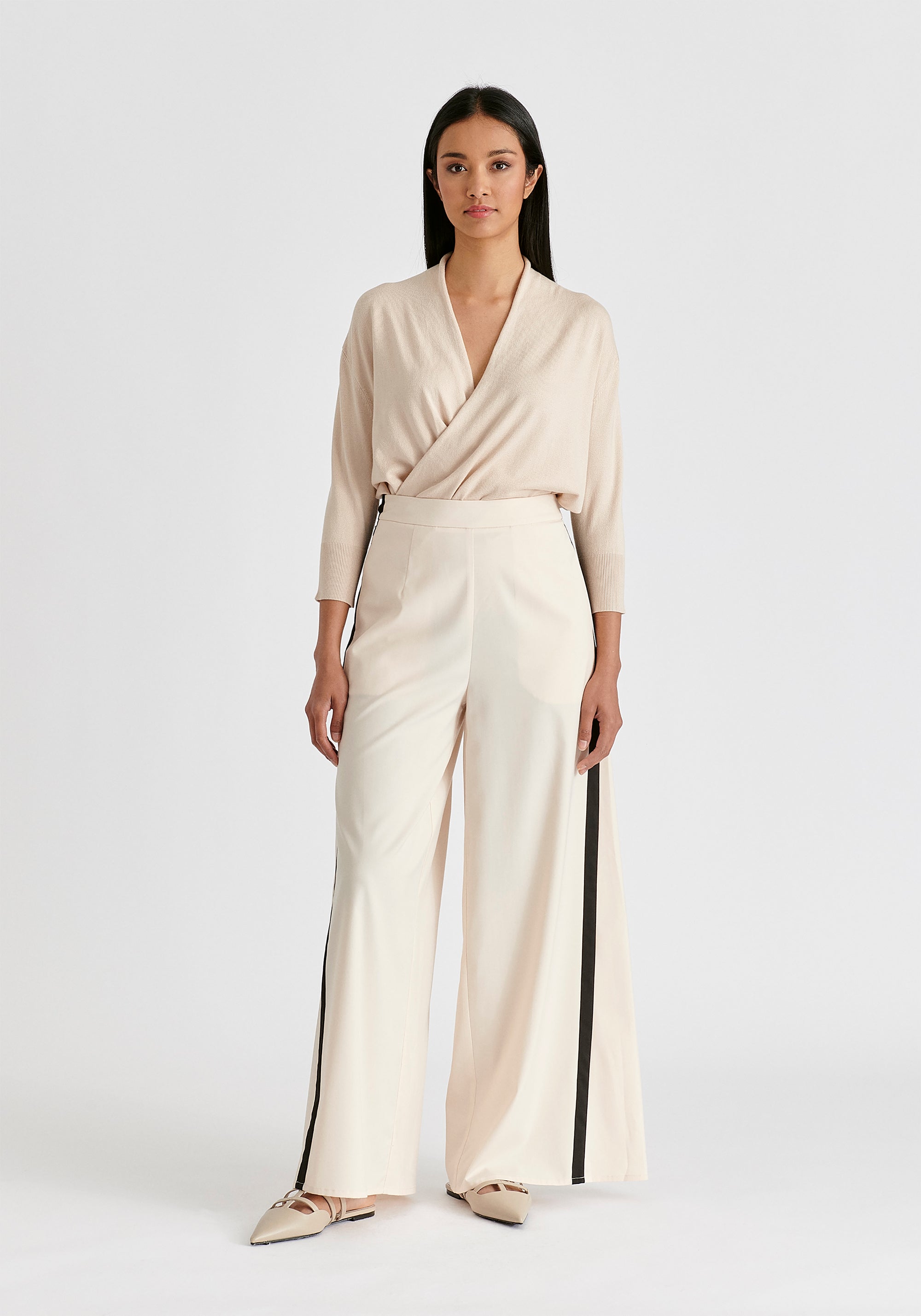 Contrast Trim Wide Leg Trousers in Beige and Black Front