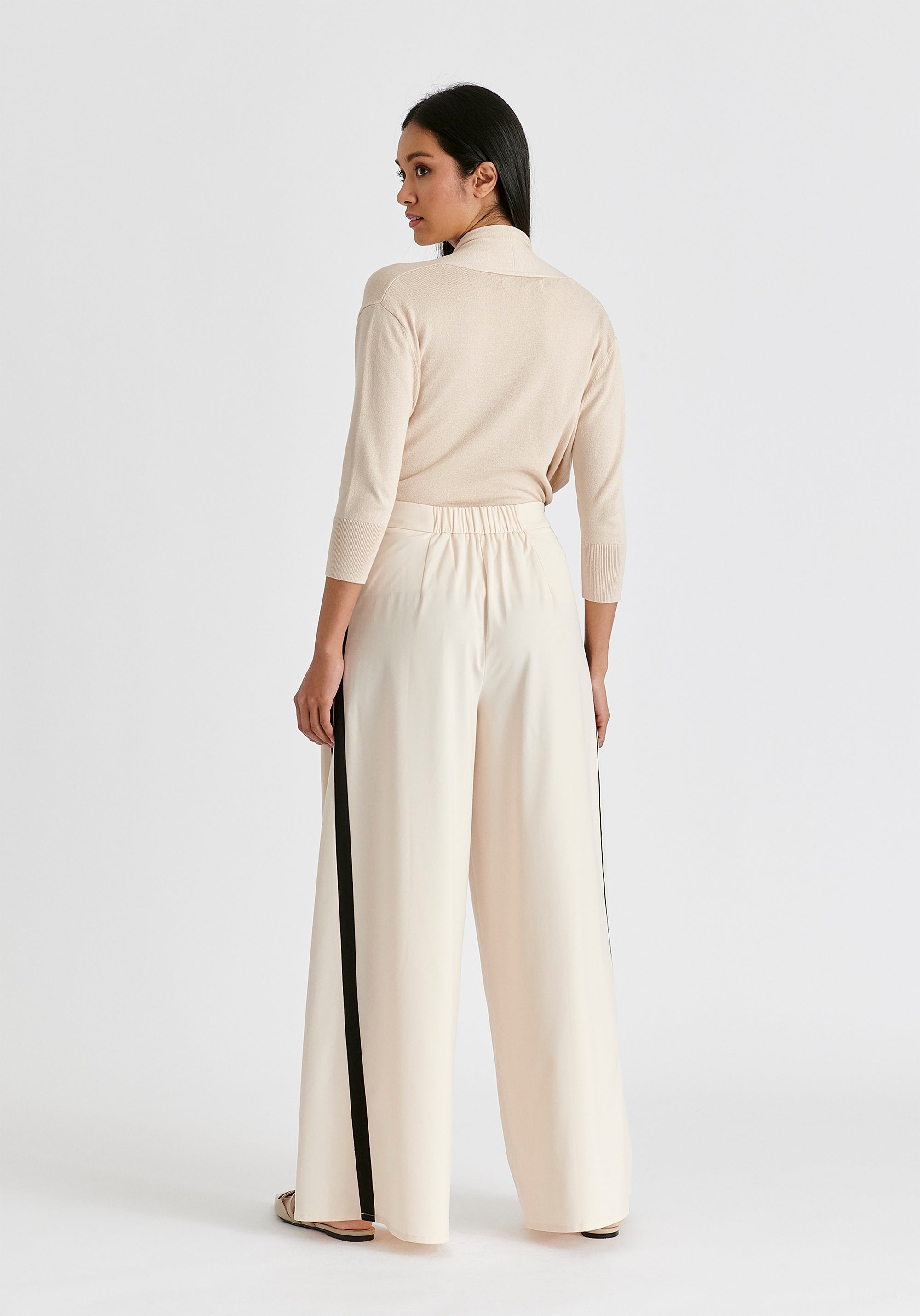 Contrast Trim Wide Leg Trousers in Beige and Black Back