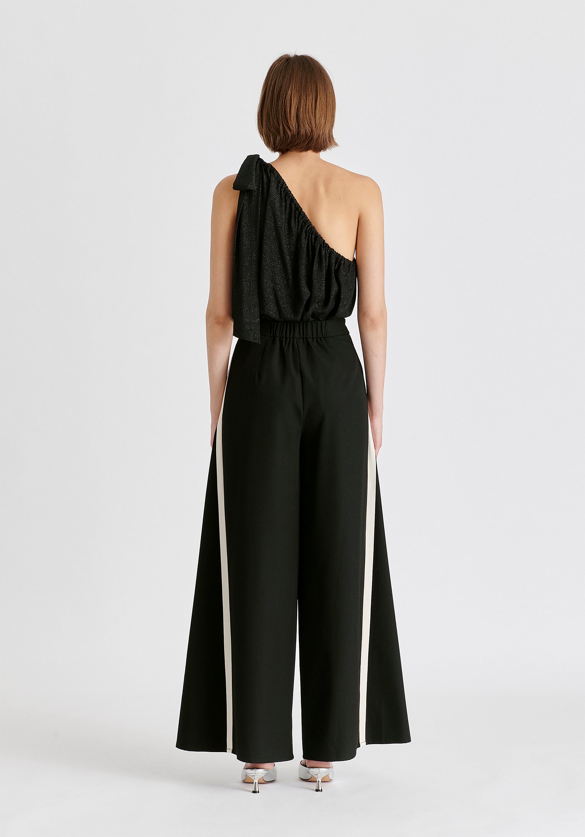 Contrast Trim Wide Leg Trousers in Black and Beige Back