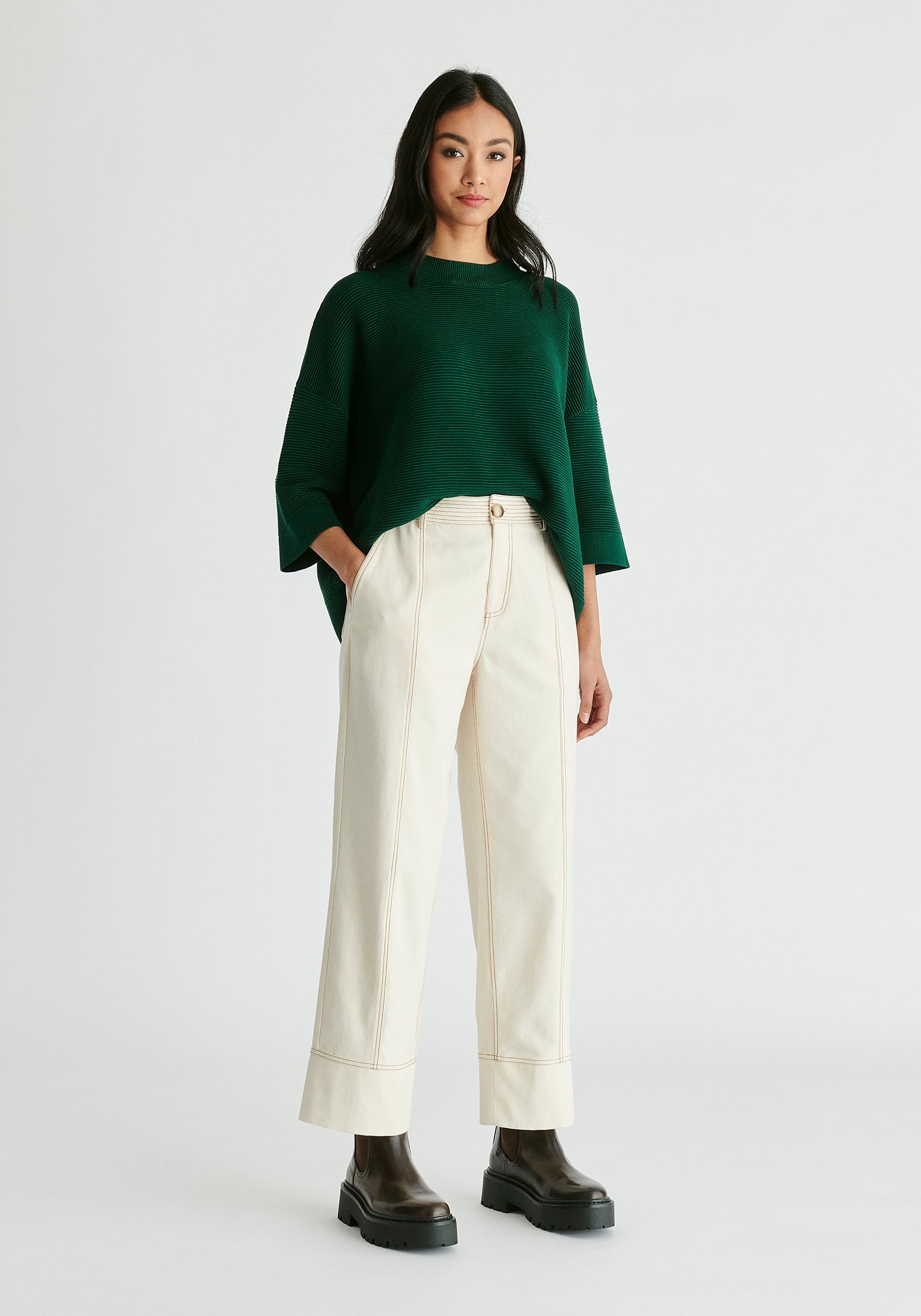 Chino Trousers with Contrast Stitching in Cream Front