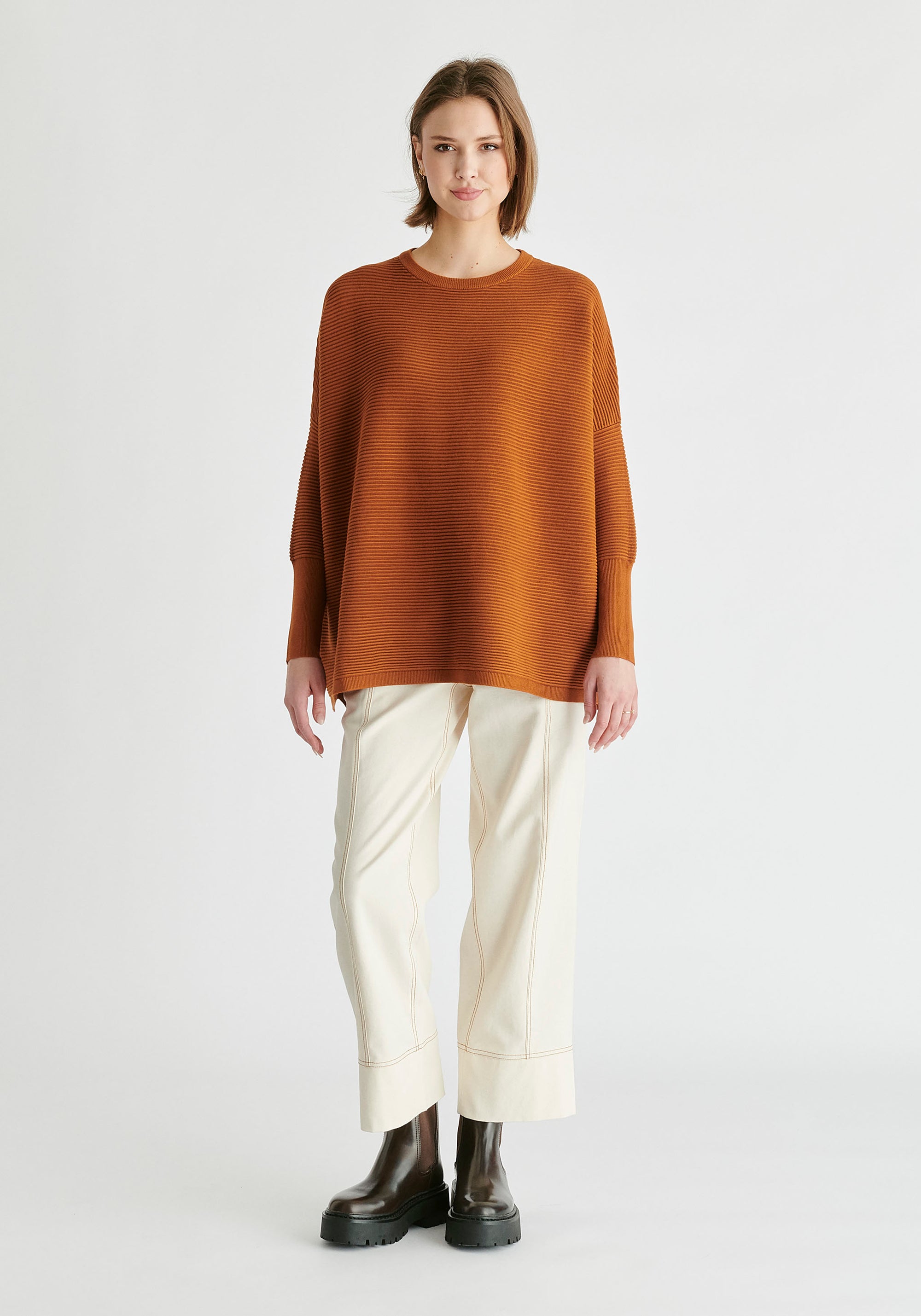 Chino Trousers with Contrast Stitching in Cream Front