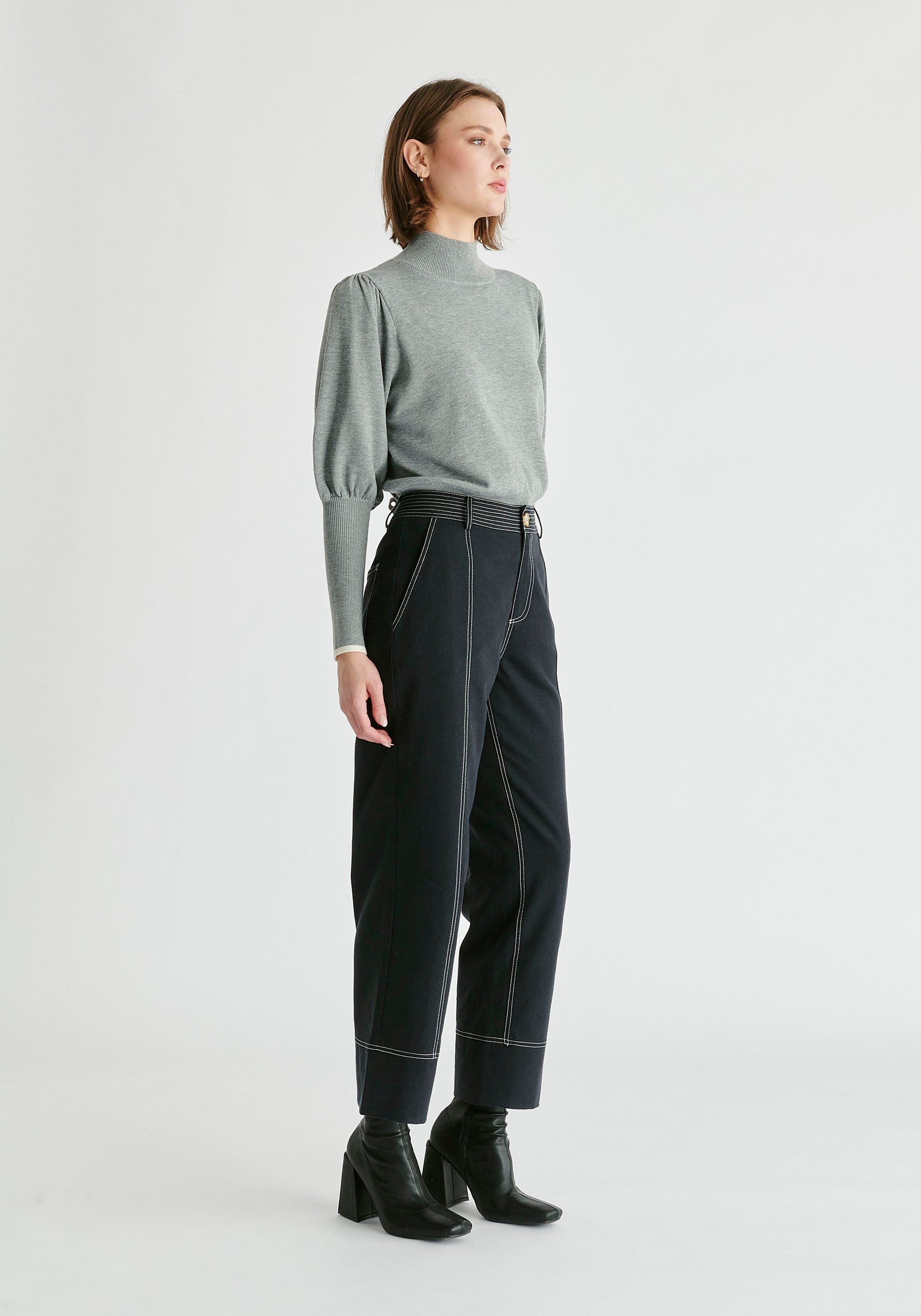 Chino Trousers with Contrast Stitching in Black Side