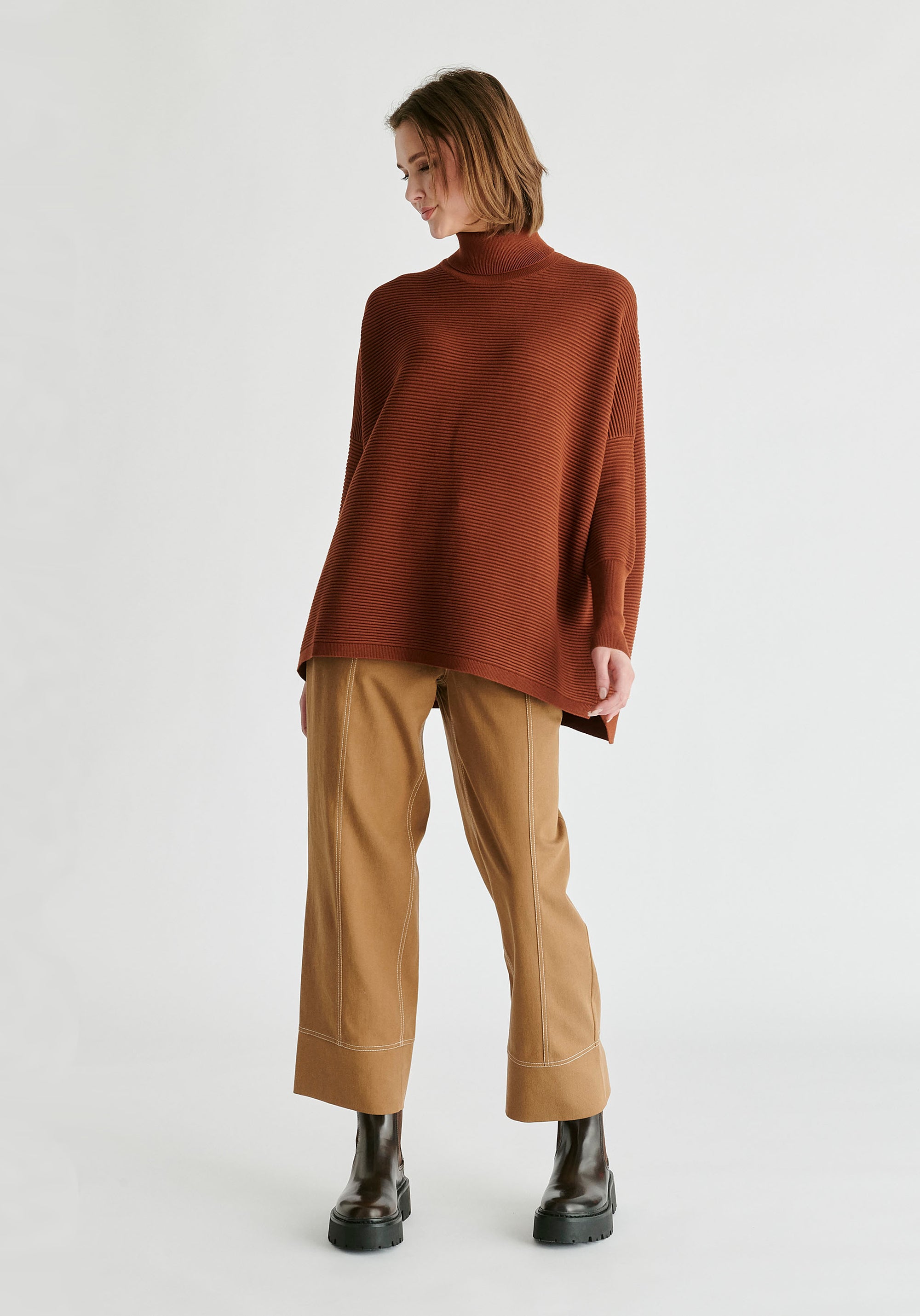 Chino Trousers with Contrast Stitching in Khaki Front