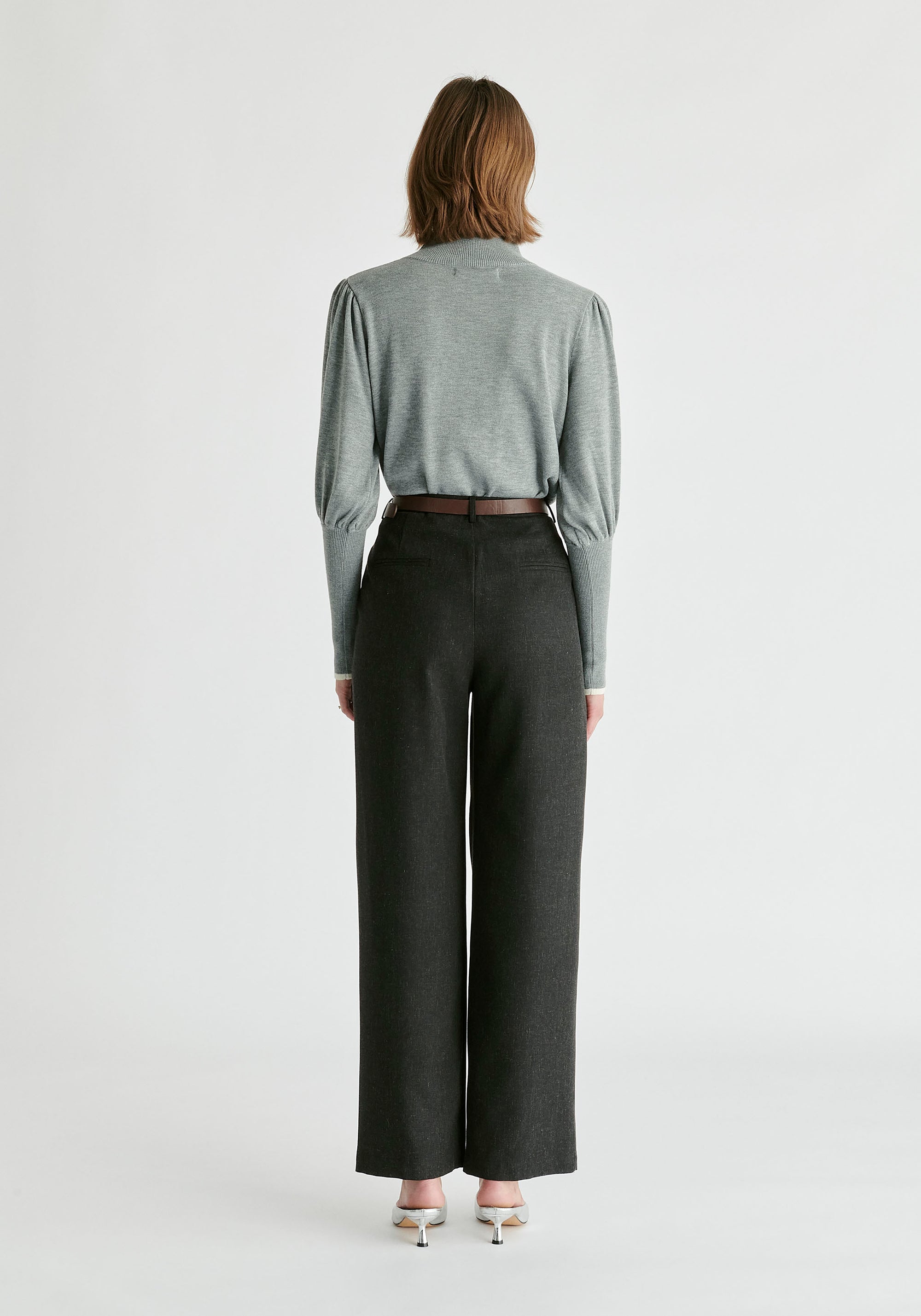Belted Wide Leg Trousers with Box Pleats in Charcoal Back